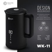 Balter Edelstahl Wasserkocher mit Temperatureinstellung, 40°C-100°C, Doppelwand, BPA frei, 1,5L, Schwarz, WK-11BL-LCD