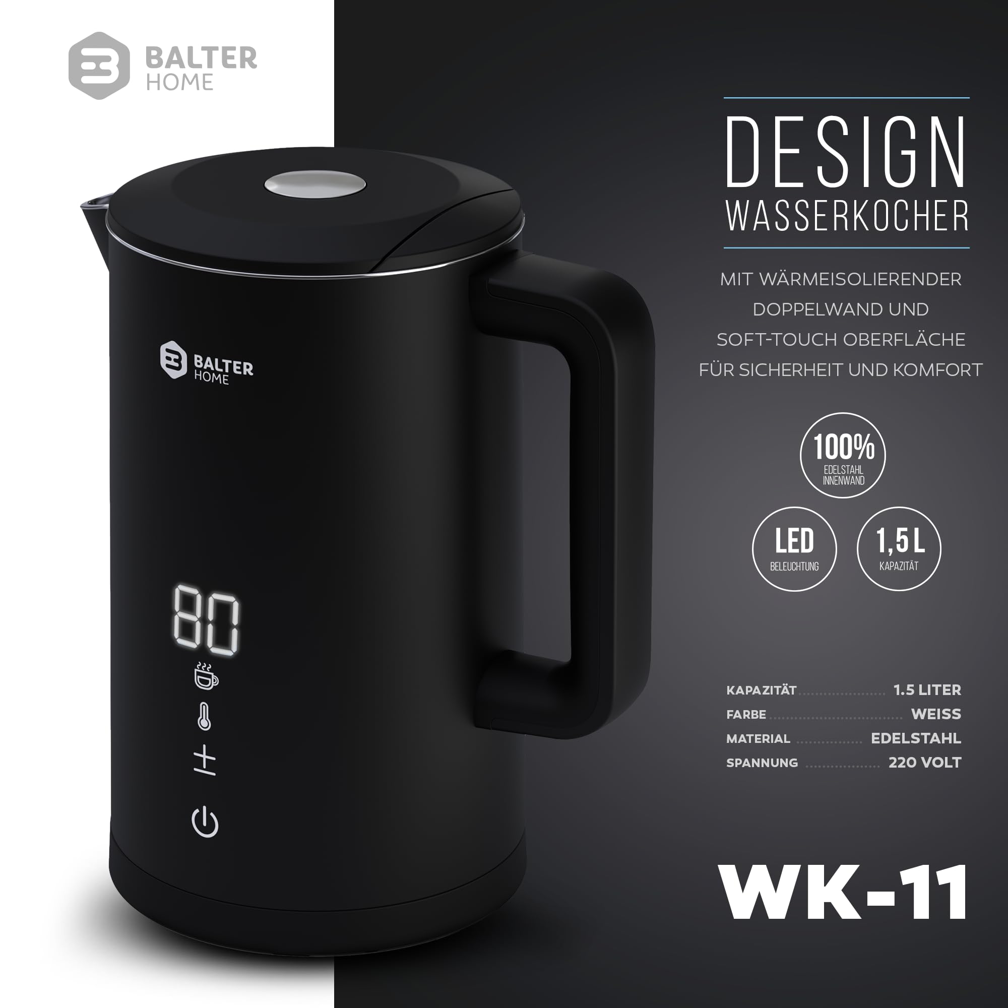 Balter Edelstahl Wasserkocher mit Temperatureinstellung, 40°C-100°C, Doppelwand, BPA frei, 1,5L, Schwarz, WK-11BL-LCD