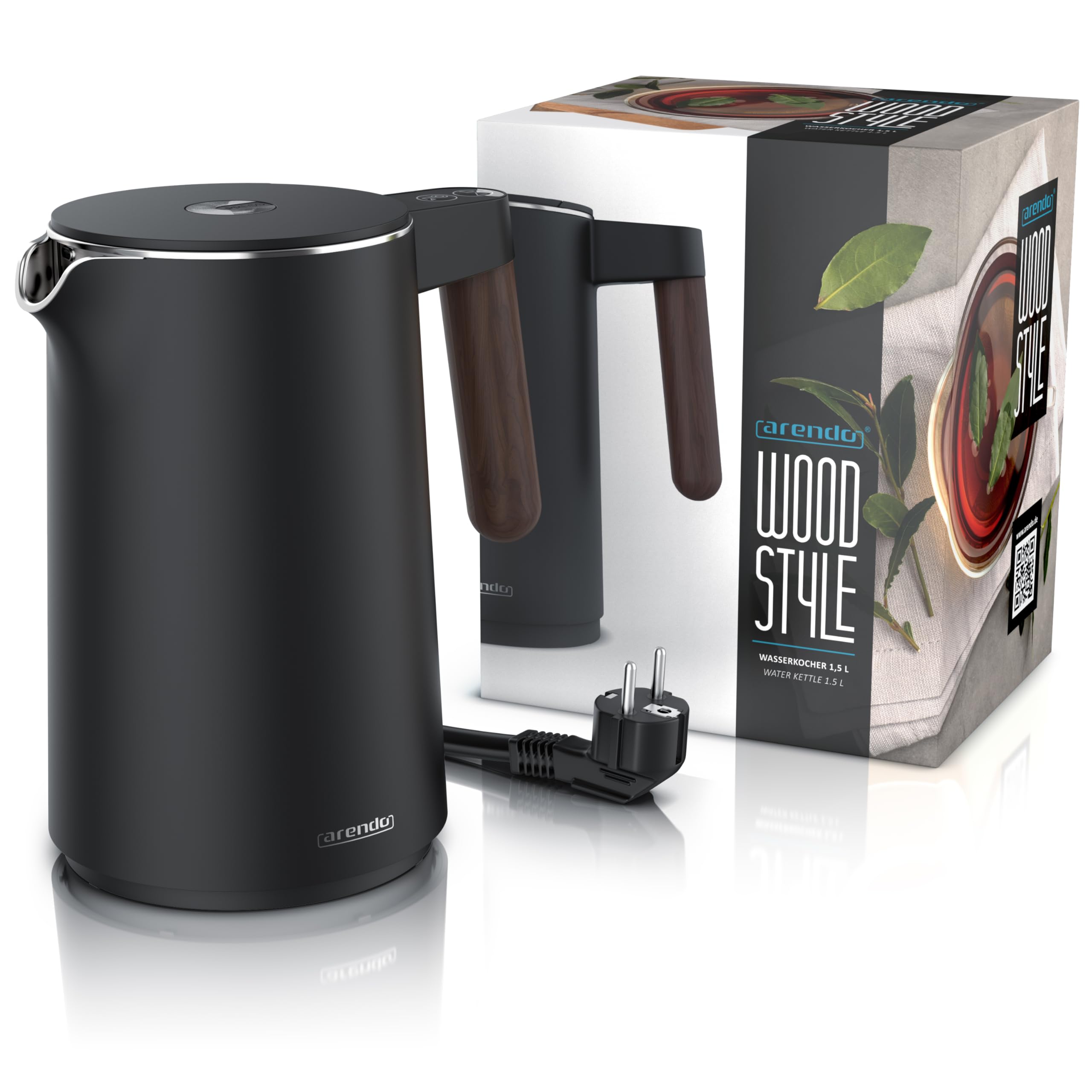 Arendo - Wasserkocher Edelstahl mit Temperatureinstellung - 45°C-100°C - 1.5 Liter - Doppelwand - BPA frei - Warmhaltefunktion - Teekocher mit Temperaturanzeige - Griff Cool Touch - Schwarz