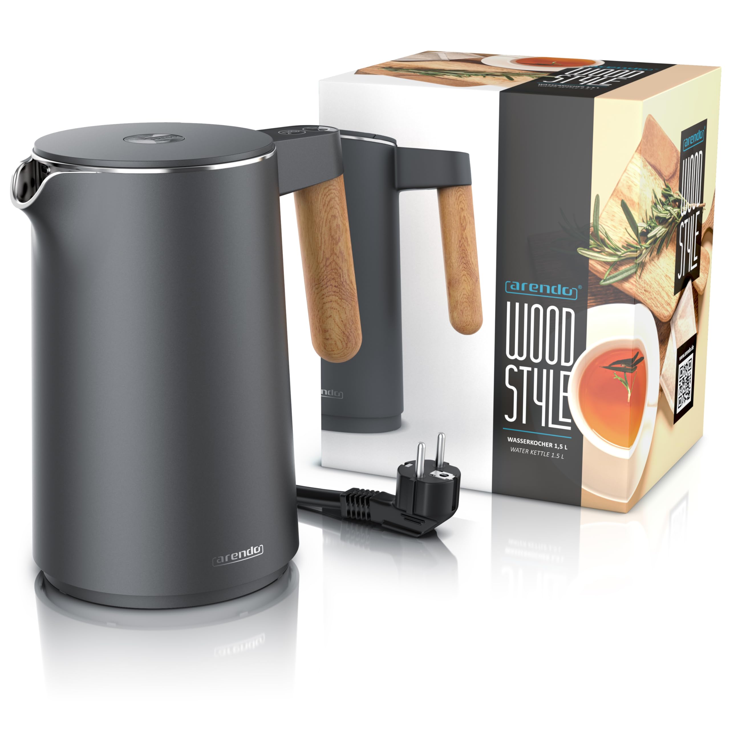 Arendo - Wasserkocher Edelstahl mit Temperatureinstellung - 45°C-100°C - 1.5 Liter - Doppelwand - BPA frei - Warmhaltefunktion - Teekocher mit Temperaturanzeige - Griff Cool Touch - Schwarz Cool Grey