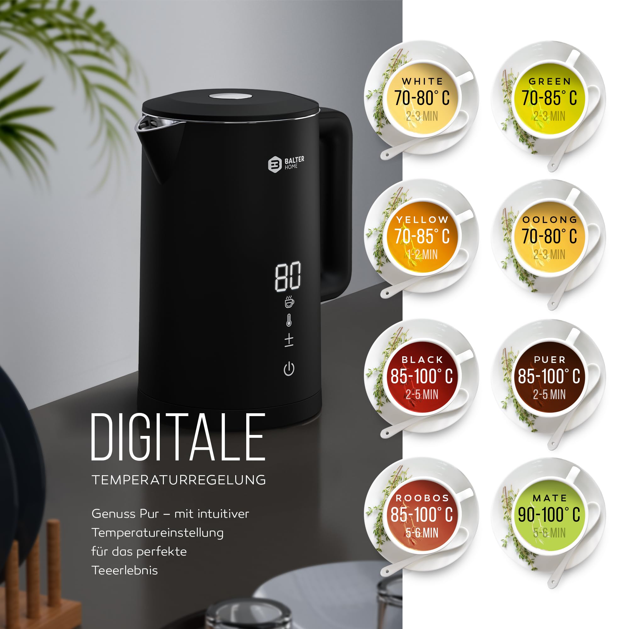 Balter Edelstahl Wasserkocher mit Temperatureinstellung, 40°C-100°C, Doppelwand, BPA frei, 1,5L, Schwarz, WK-11BL-LCD