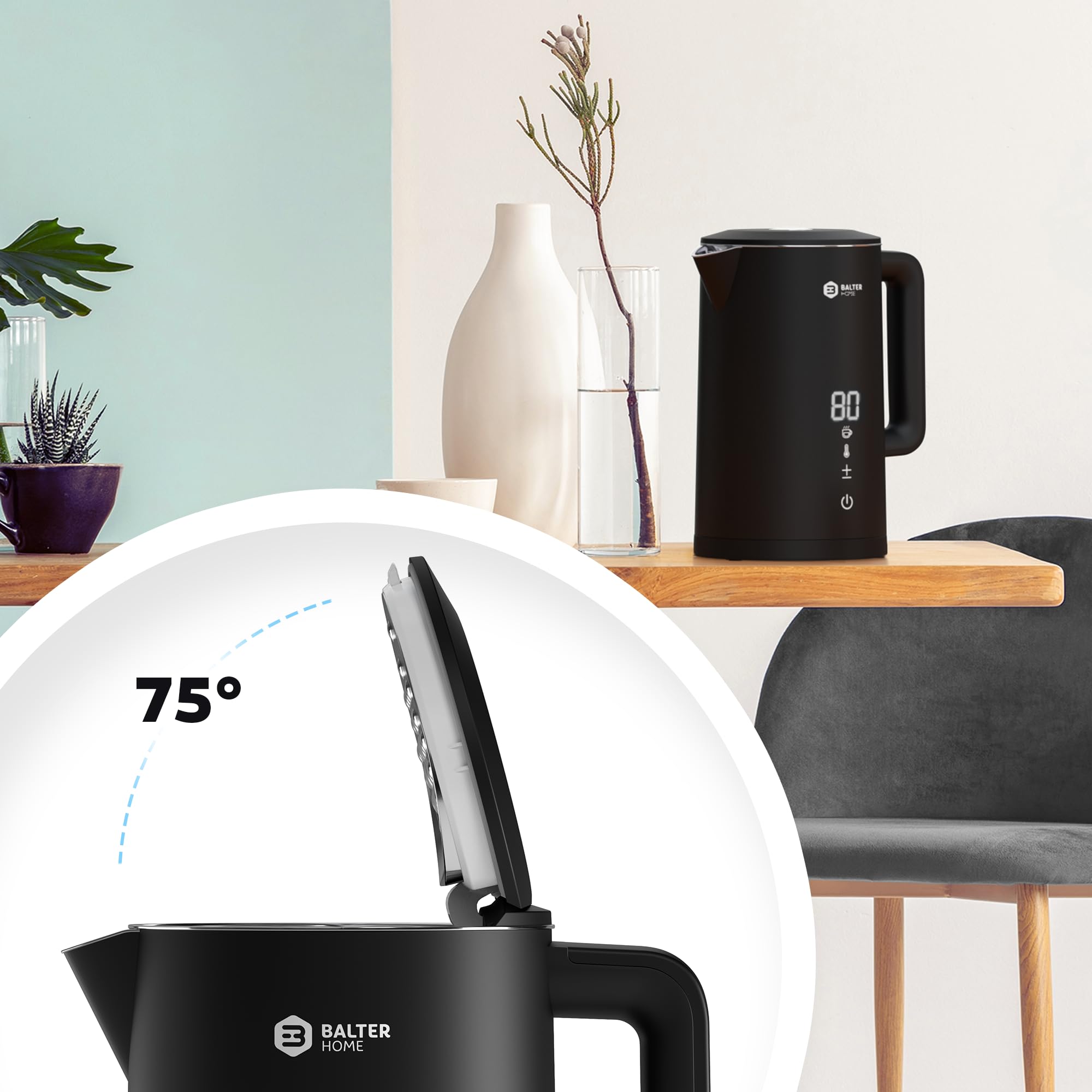 Balter Edelstahl Wasserkocher mit Temperatureinstellung, 40°C-100°C, Doppelwand, BPA frei, 1,5L, Schwarz, WK-11BL-LCD