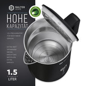 Balter Edelstahl Wasserkocher mit Temperatureinstellung, 40°C-100°C, Doppelwand, BPA frei, 1,5L, Schwarz, WK-11BL-LCD