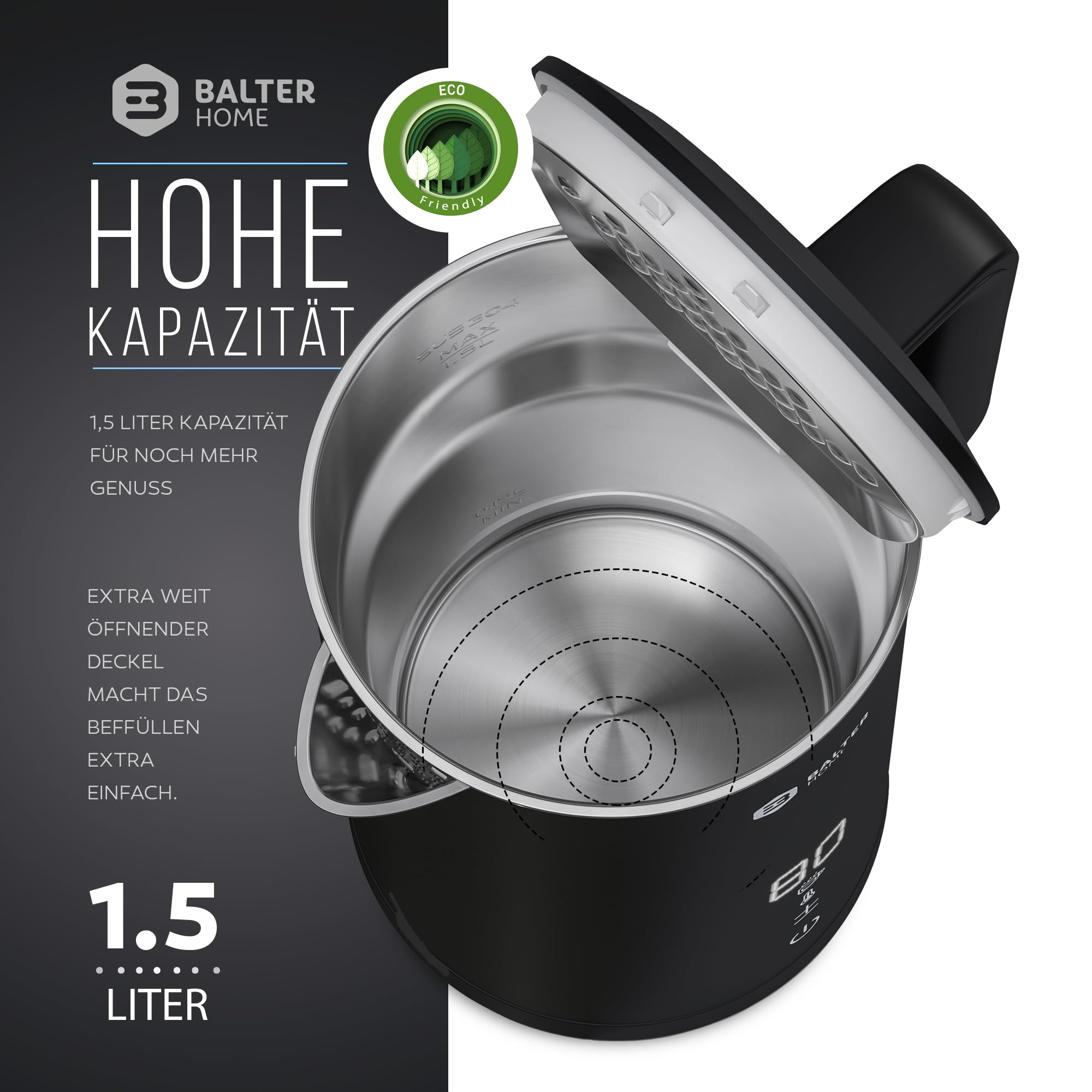 Balter Edelstahl Wasserkocher mit Temperatureinstellung, 40°C-100°C, Doppelwand, BPA frei, 1,5L, Schwarz, WK-11BL-LCD