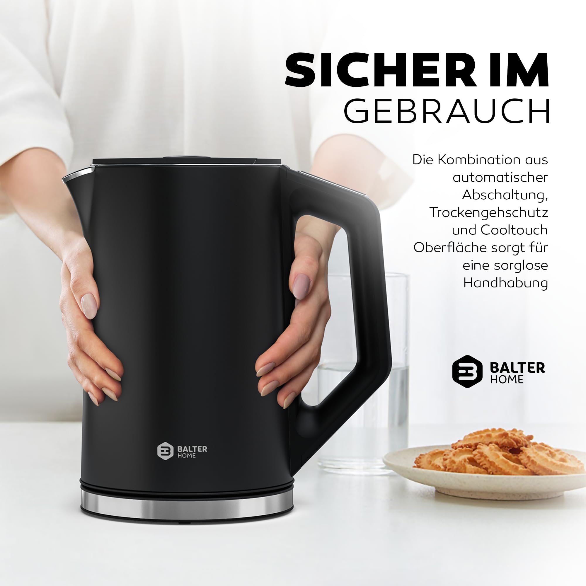 BALTER Edelstahl Wasserkocher mit Temperatureinstellung, 40°C-100°C, Doppelwand, BPA frei, leise & kabellos, Kettle, Teekocher mit Temperaturwahl, 1.5L, 2200W, Schwarz
