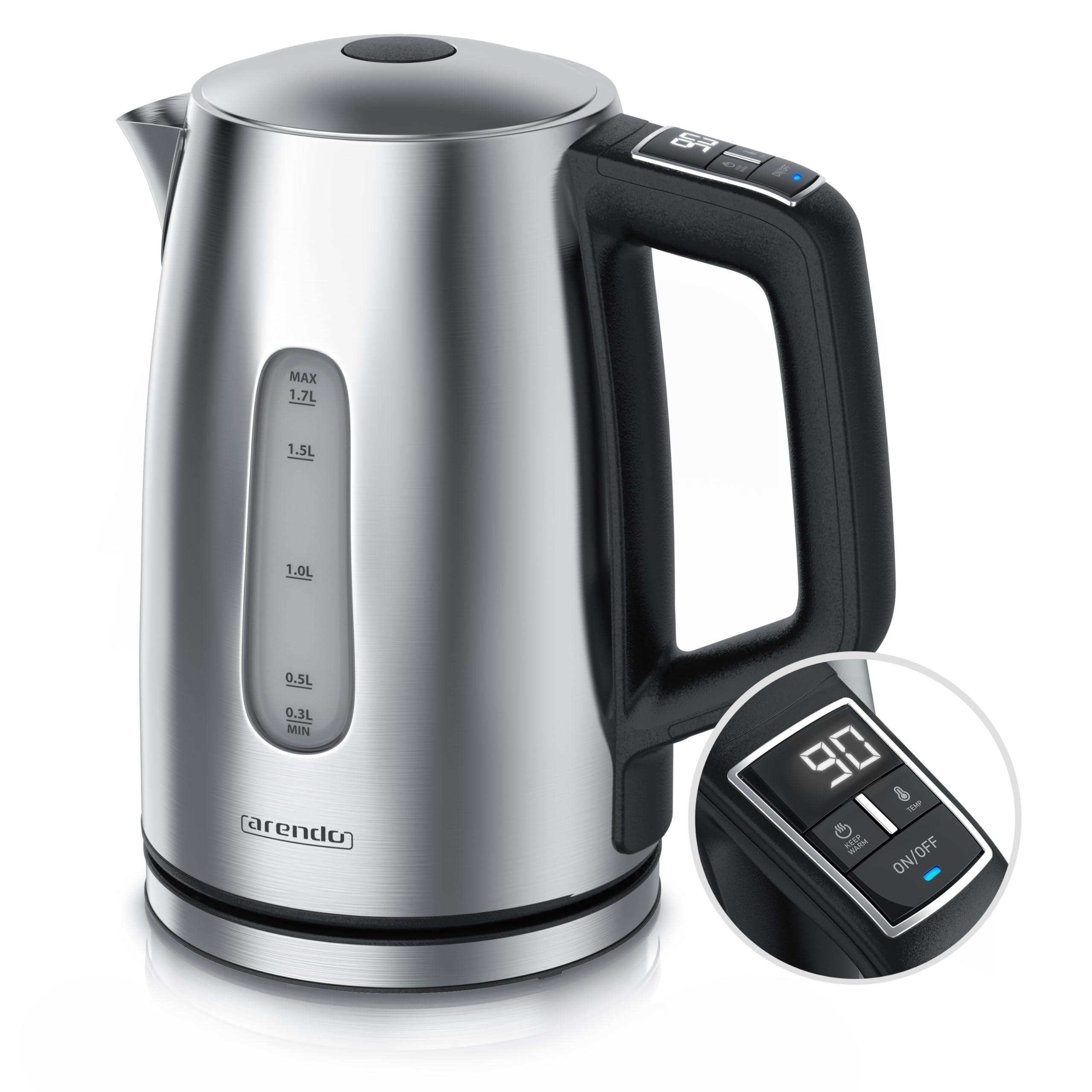 Arendo - Wasserkocher mit Temperatureinstellung - Edelstahl - Temperaturauswahl 35°C bis 100°C – LED Display – Warmhaltefunktion – One-Touch Deckelöffnung – Sichtfenster für Wasserskala