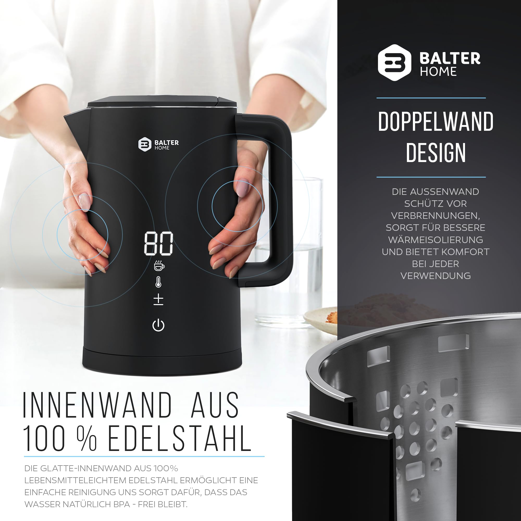 Balter Edelstahl Wasserkocher mit Temperatureinstellung, 40°C-100°C, Doppelwand, BPA frei, 1,5L, Schwarz, WK-11BL-LCD
