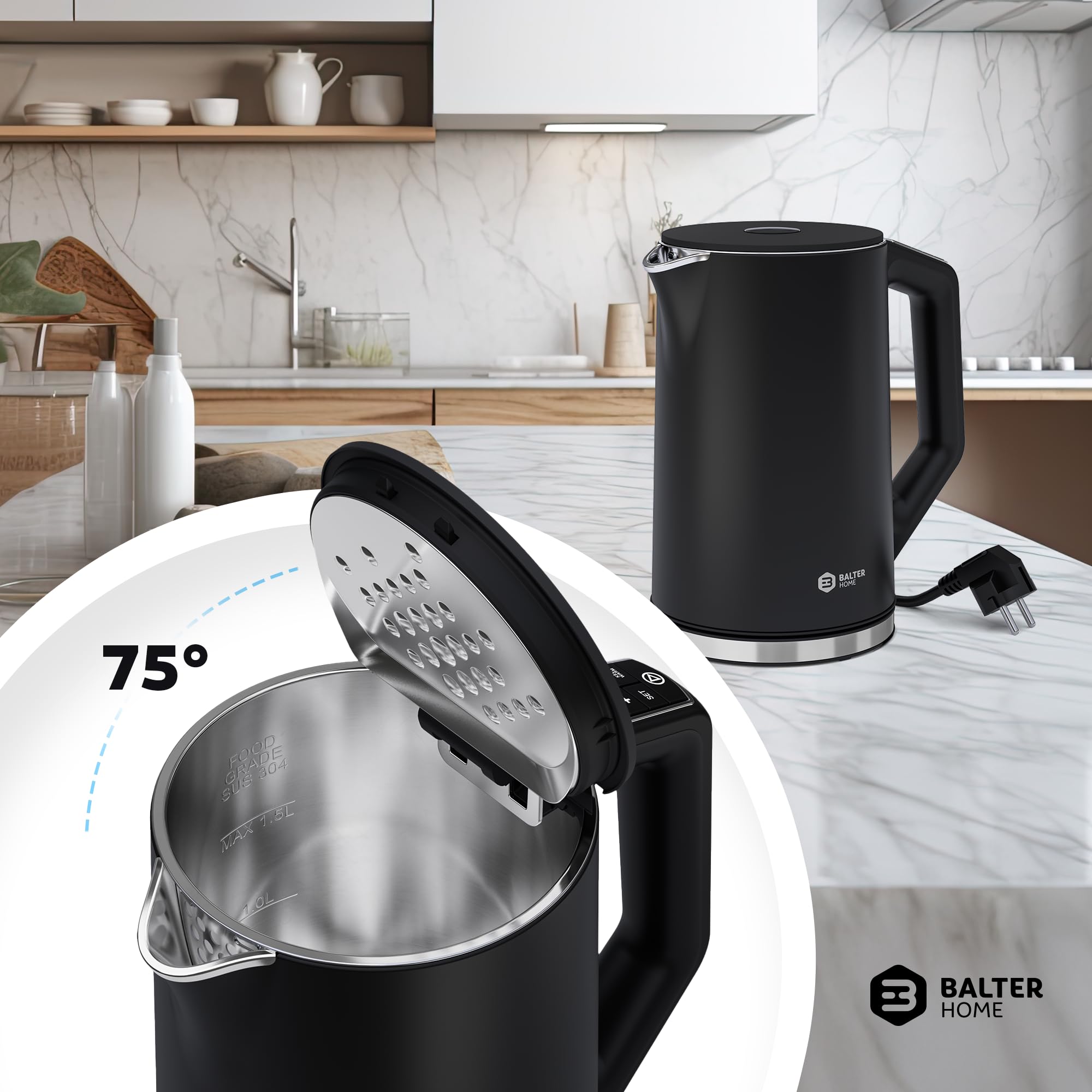 BALTER Edelstahl Wasserkocher mit Temperatureinstellung, 40°C-100°C, Doppelwand, BPA frei, leise & kabellos, Kettle, Teekocher mit Temperaturwahl, 1.5L, 2200W, Schwarz