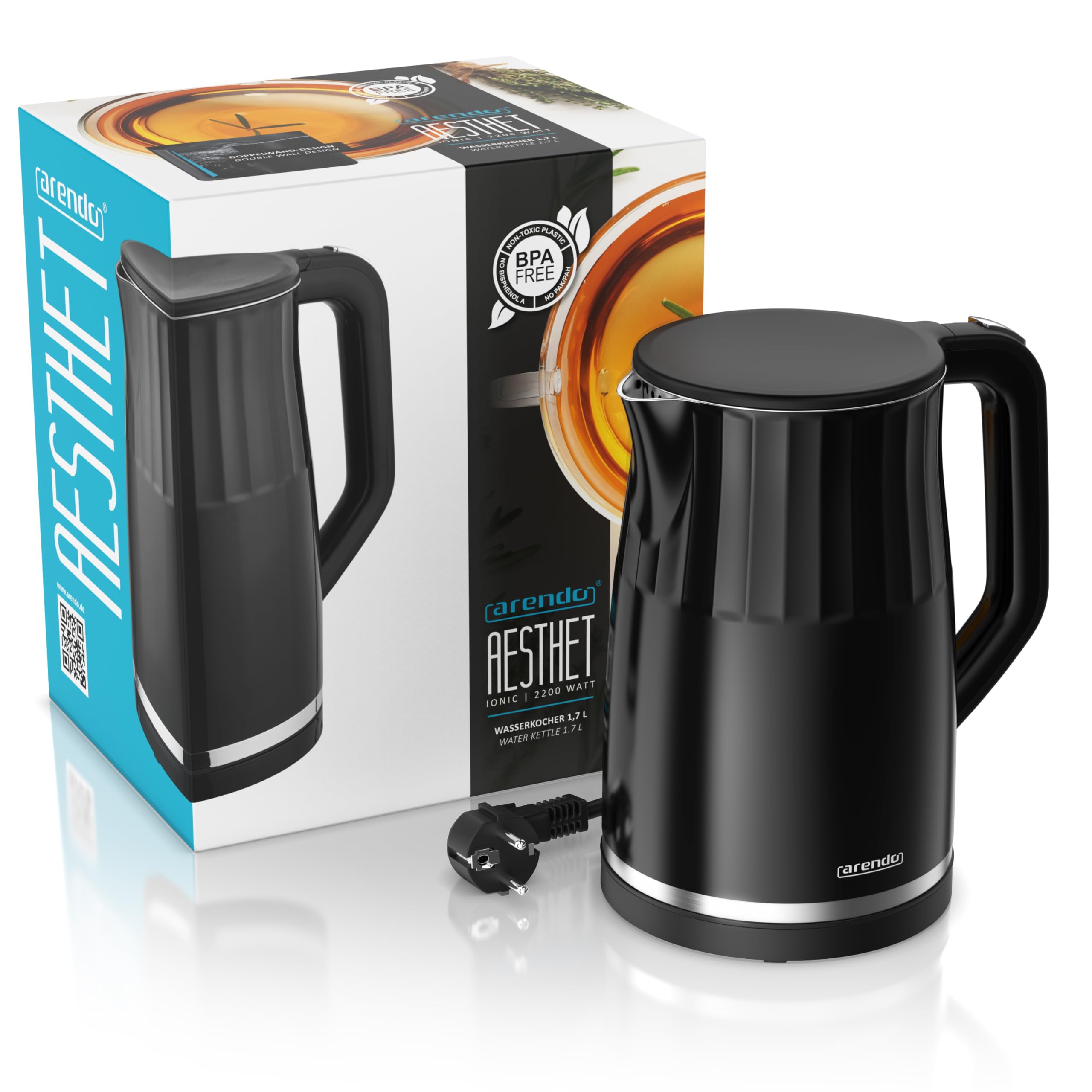 Arendo - digitaler Wasserkocher mit Temperatureinstellung - Edelstahl - Doppelwand Design Cool Touch - Display im Gehäuse - Kabellos - 2200 W - 1,7L – Überhitzungsschutz – Warmhaltefunktion – schwarz