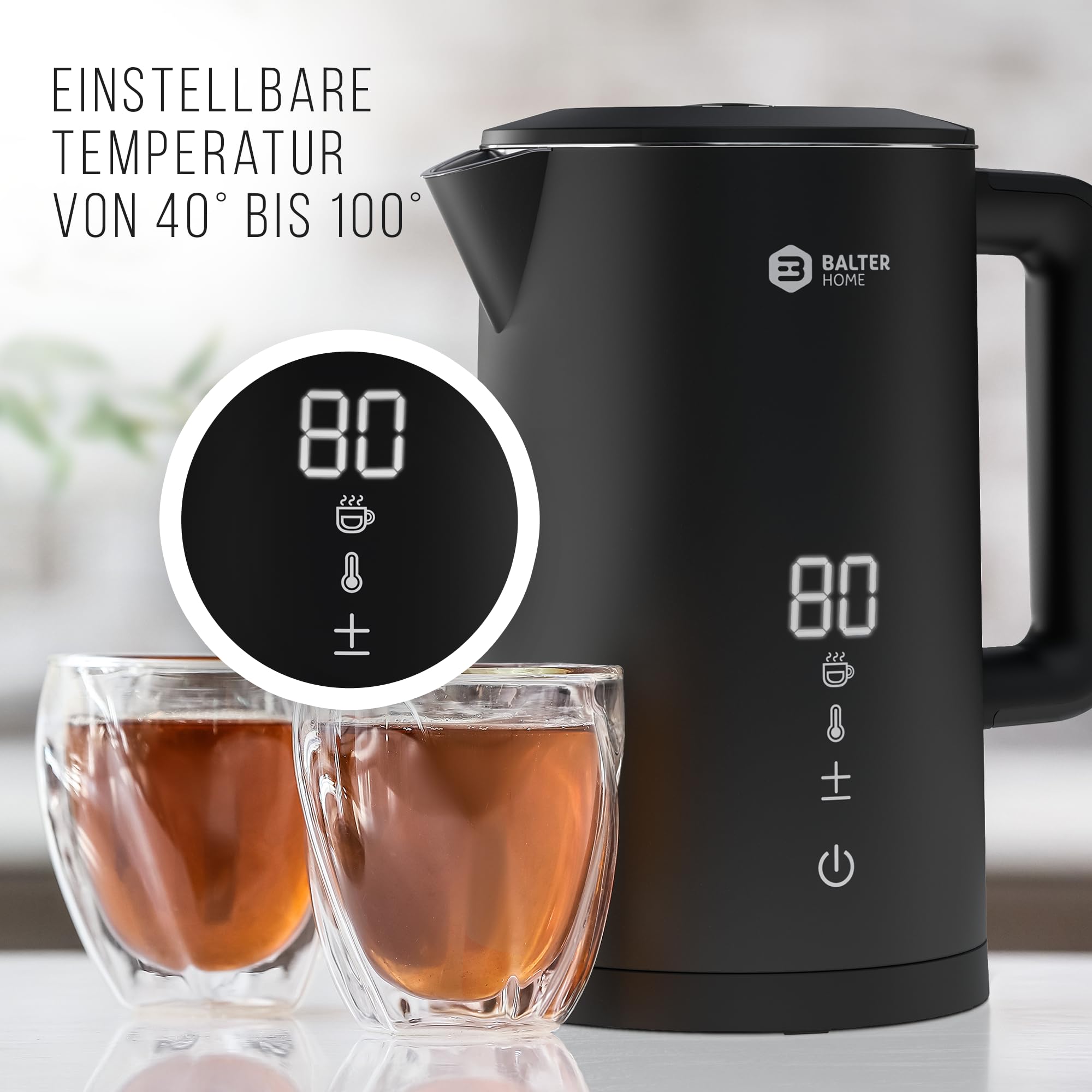 Balter Edelstahl Wasserkocher mit Temperatureinstellung, 40°C-100°C, Doppelwand, BPA frei, 1,5L, Schwarz, WK-11BL-LCD