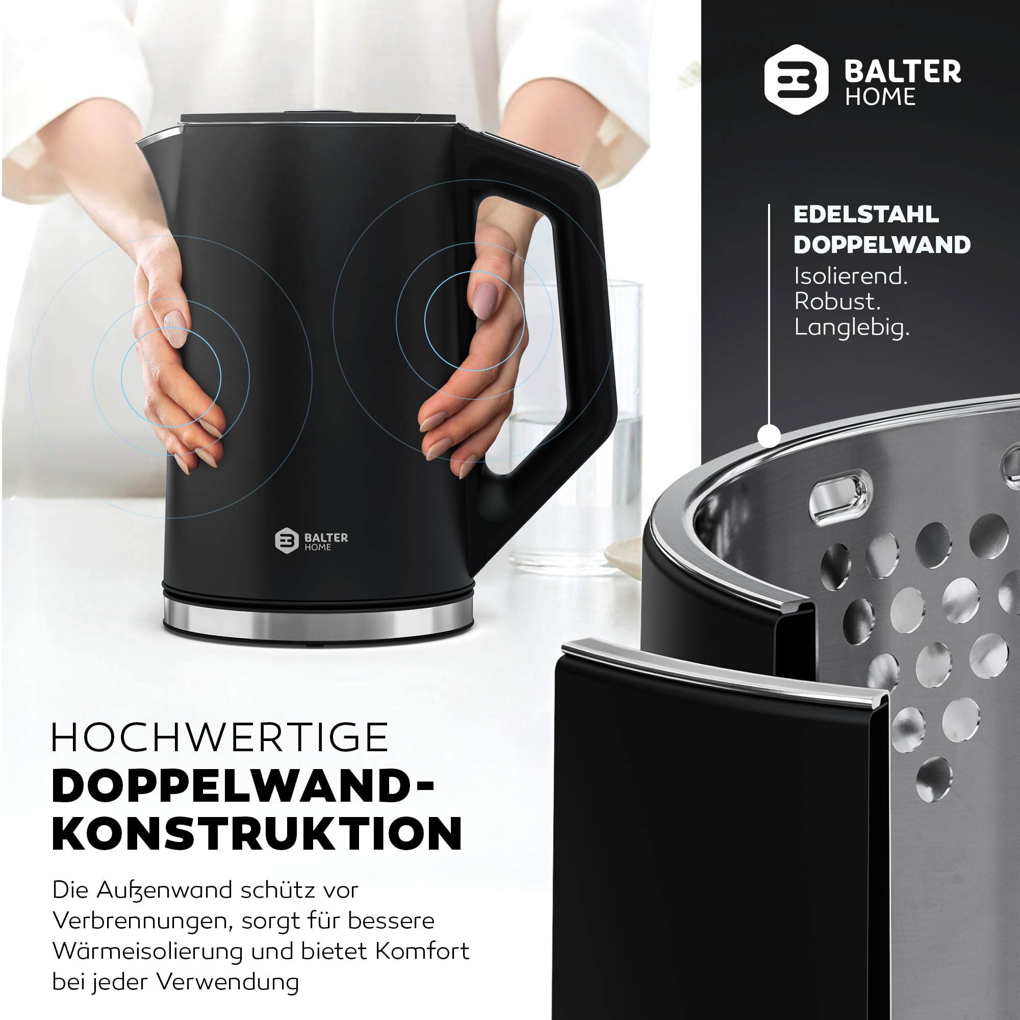BALTER Edelstahl Wasserkocher mit Temperatureinstellung, 40°C-100°C, Doppelwand, BPA frei, leise & kabellos, Kettle, Teekocher mit Temperaturwahl, 1.5L, 2200W, Schwarz