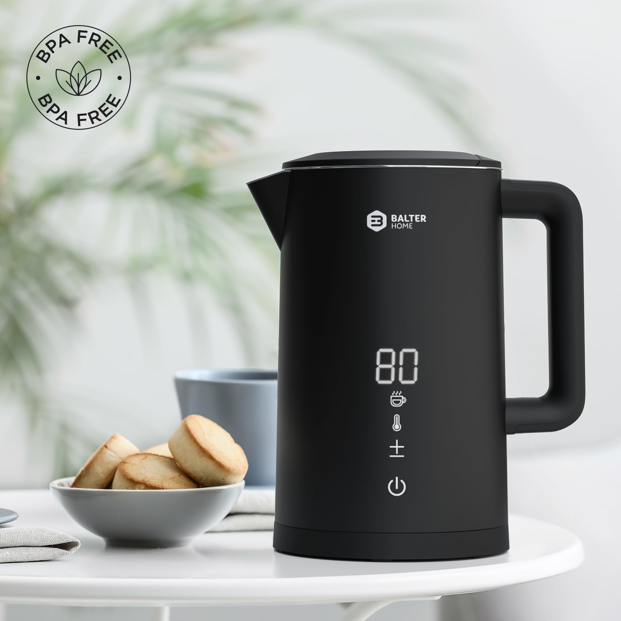 Balter Edelstahl Wasserkocher mit Temperatureinstellung, 40°C-100°C, Doppelwand, BPA frei, 1,5L, Schwarz, WK-11BL-LCD