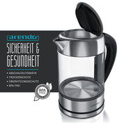 Arendo - Wasserkocher Glas mit Temperatureinstellung – 1,7l - einstellbare Temperaturen 40° - 100 °C – Temperaturanzeige Digital - Warmhaltefunktion – energiesparend – BPA-frei - RGB Beleuchtung