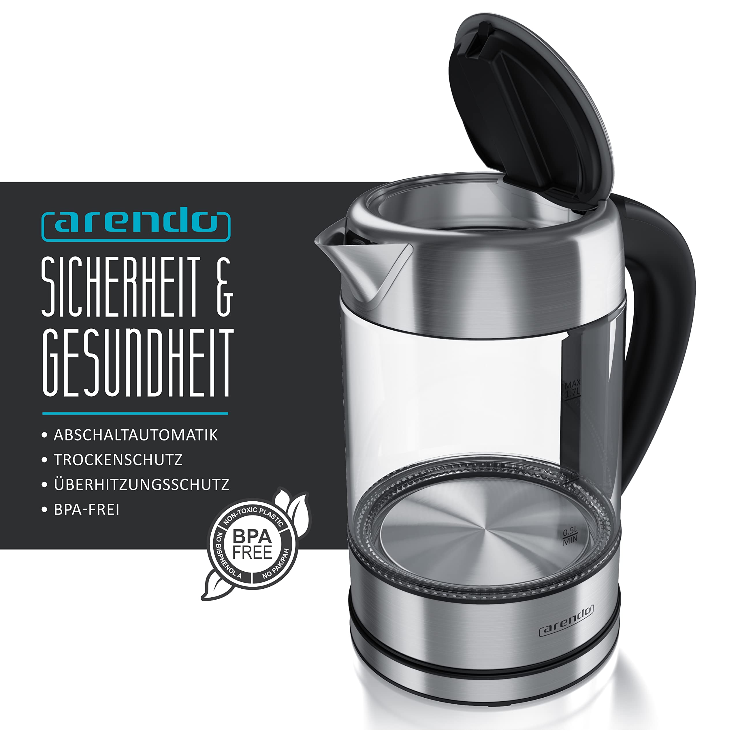 Arendo - Wasserkocher Glas mit Temperatureinstellung – 1,7l - einstellbare Temperaturen 40° - 100 °C – Temperaturanzeige Digital - Warmhaltefunktion – energiesparend – BPA-frei - RGB Beleuchtung