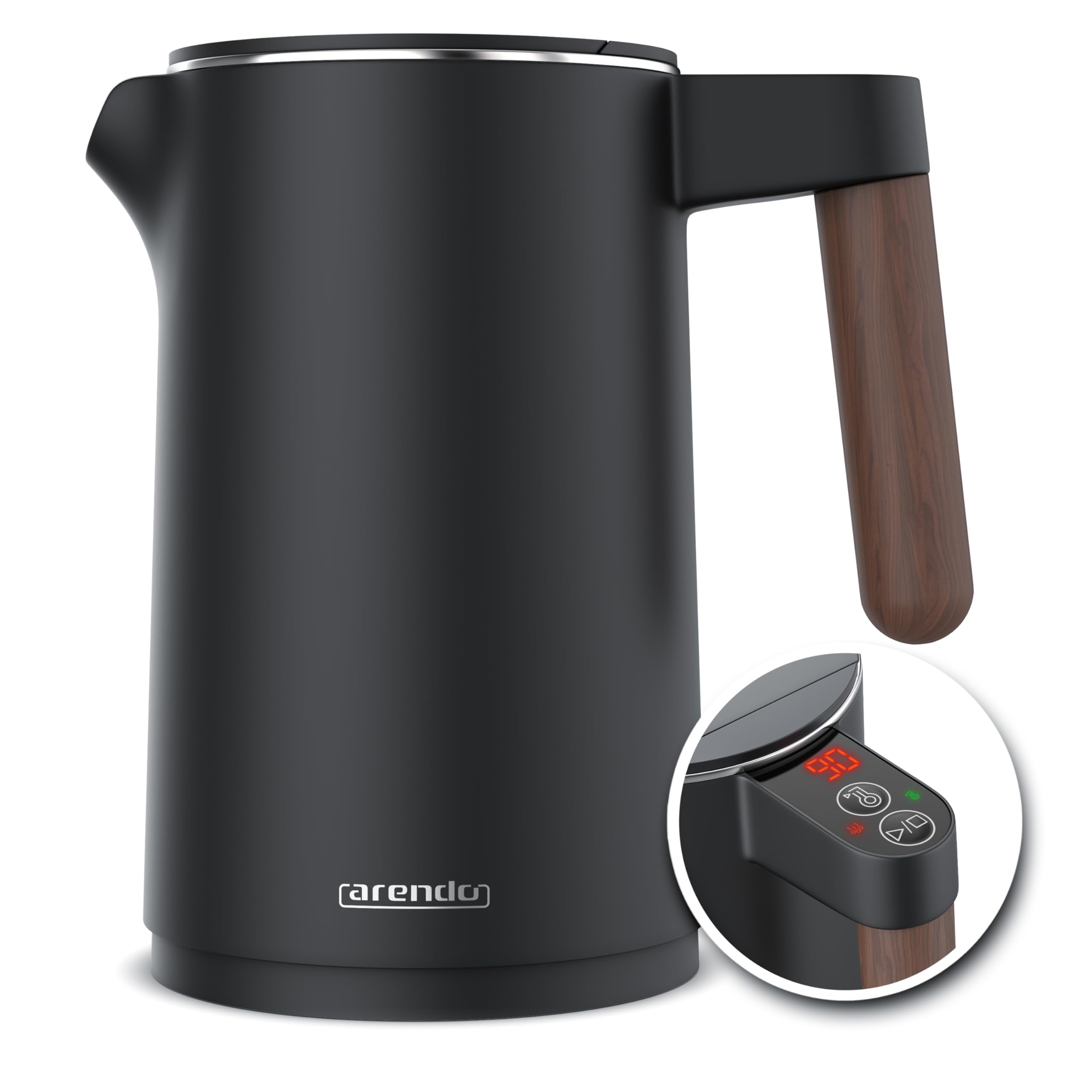 Arendo - Wasserkocher Edelstahl mit Temperatureinstellung - 45°C-100°C - 1.5 Liter - Doppelwand - BPA frei - Warmhaltefunktion - Teekocher mit Temperaturanzeige - Griff Cool Touch - Schwarz