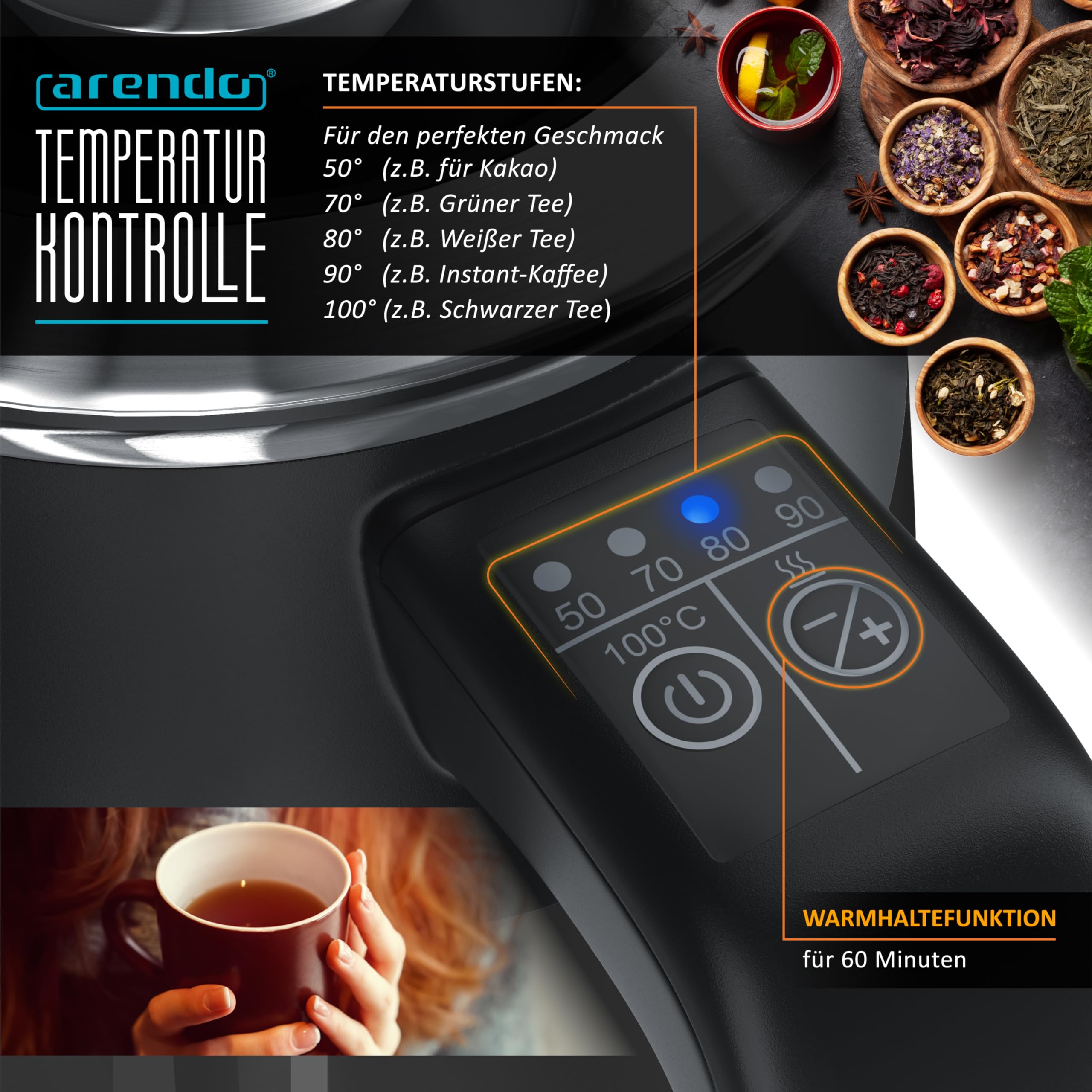 Arendo 0.5l Edelstahl Wasserkocher mit Temperatureinstellung im Doppelwand-Design - 0,5l Wasser-Füllmenge - 5 Temperaturstufen einstellbar - Single Teekocher - Warmhaltefunktion - Energiesparend