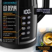 Arendo - digitaler Wasserkocher mit Temperatureinstellung - Edelstahl - Doppelwand Design Cool Touch - Display im Gehäuse - Kabellos - 2200 W - 1,7L – Überhitzungsschutz – Warmhaltefunktion – schwarz