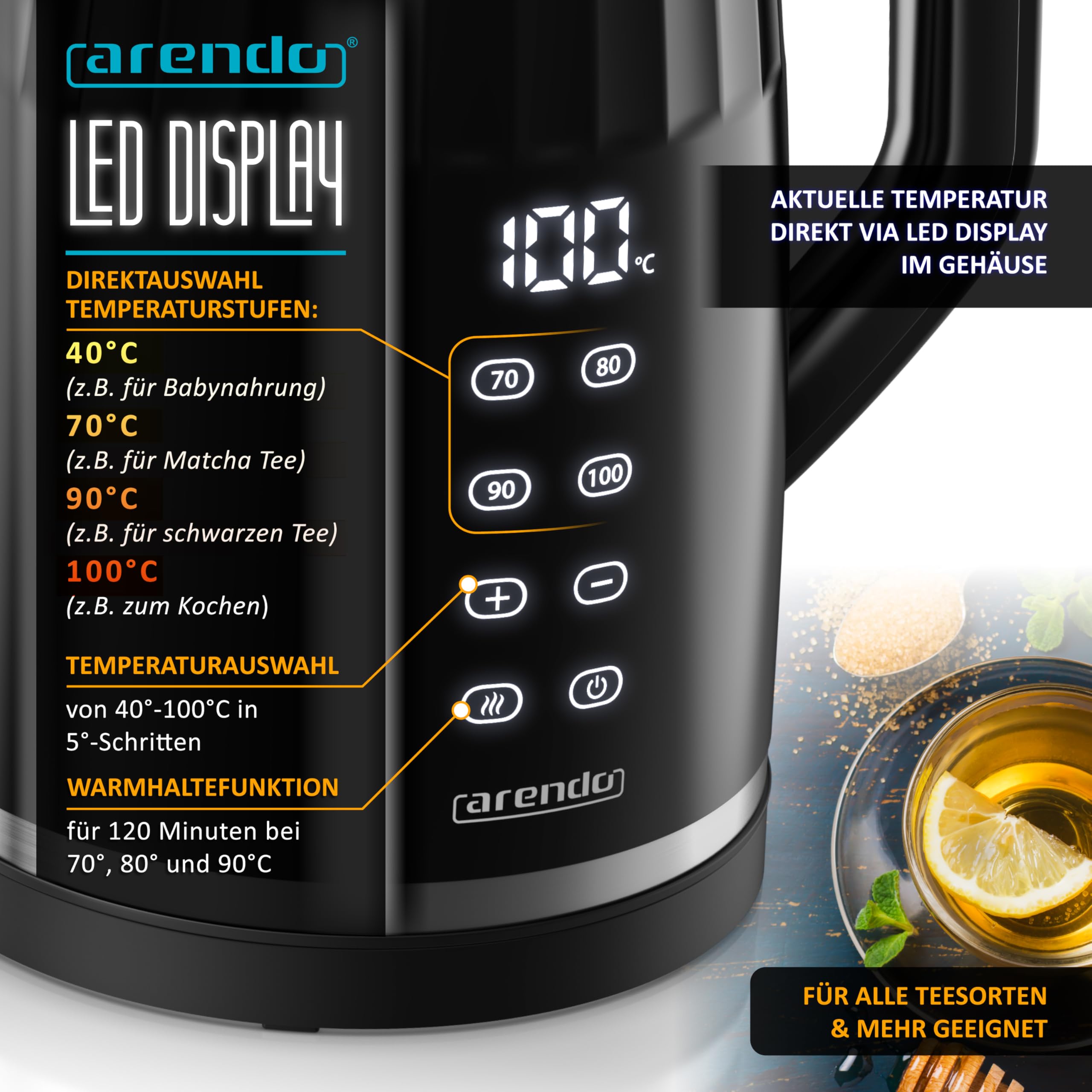 Arendo - digitaler Wasserkocher mit Temperatureinstellung - Edelstahl - Doppelwand Design Cool Touch - Display im Gehäuse - Kabellos - 2200 W - 1,7L – Überhitzungsschutz – Warmhaltefunktion – schwarz