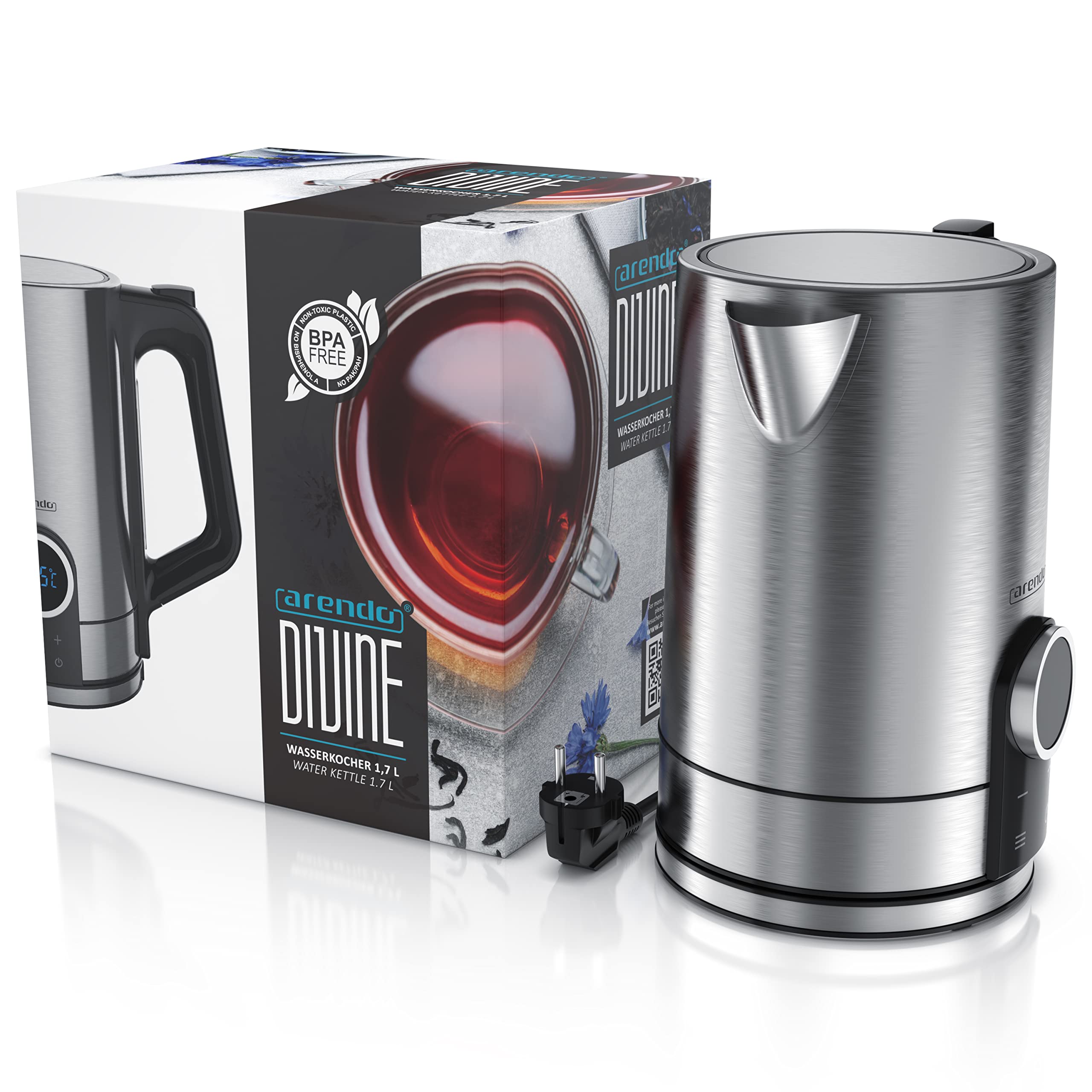 Arendo - Edelstahl Wasserkocher mit Temperatureinstellung 40-100 Grad - LED Display - 1,5 Liter - 2200 W - Teekocher mit Temperaturanzeige - GS