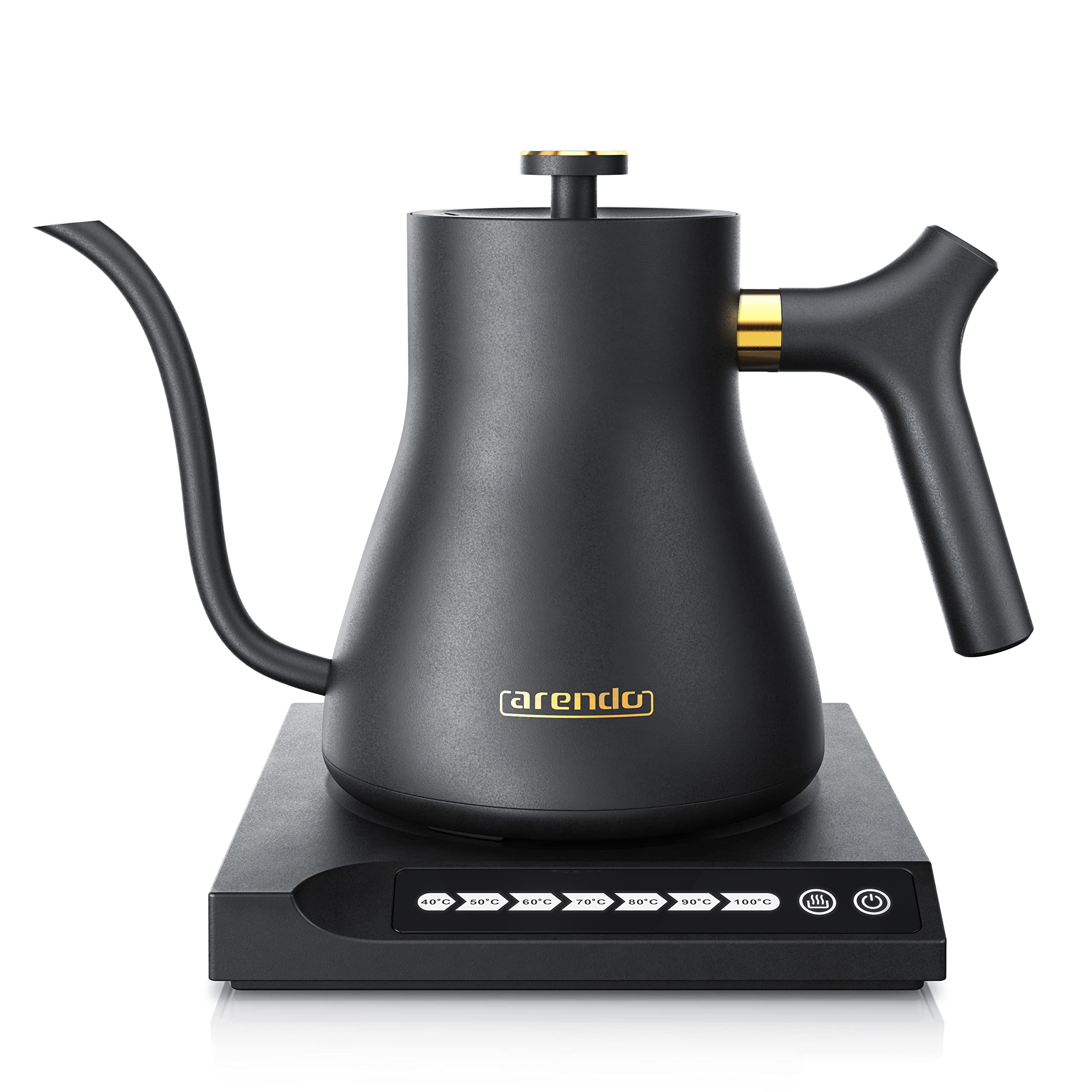 Arendo - Edelstahl Wasserkocher Schwanenhals mit Temperatureinstellung - 40° bis 100° - Warmhaltefunktion 30 Minuten – 0,5 Liter – Sensortasten – 360° Basis - Retro Design - Schwarz