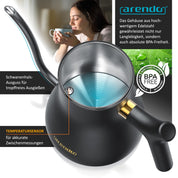 Arendo - Edelstahl Wasserkocher Schwanenhals mit Temperatureinstellung - 40° bis 100° - Warmhaltefunktion 30 Minuten – 0,5 Liter – Sensortasten – 360° Basis - Retro Design - Schwarz