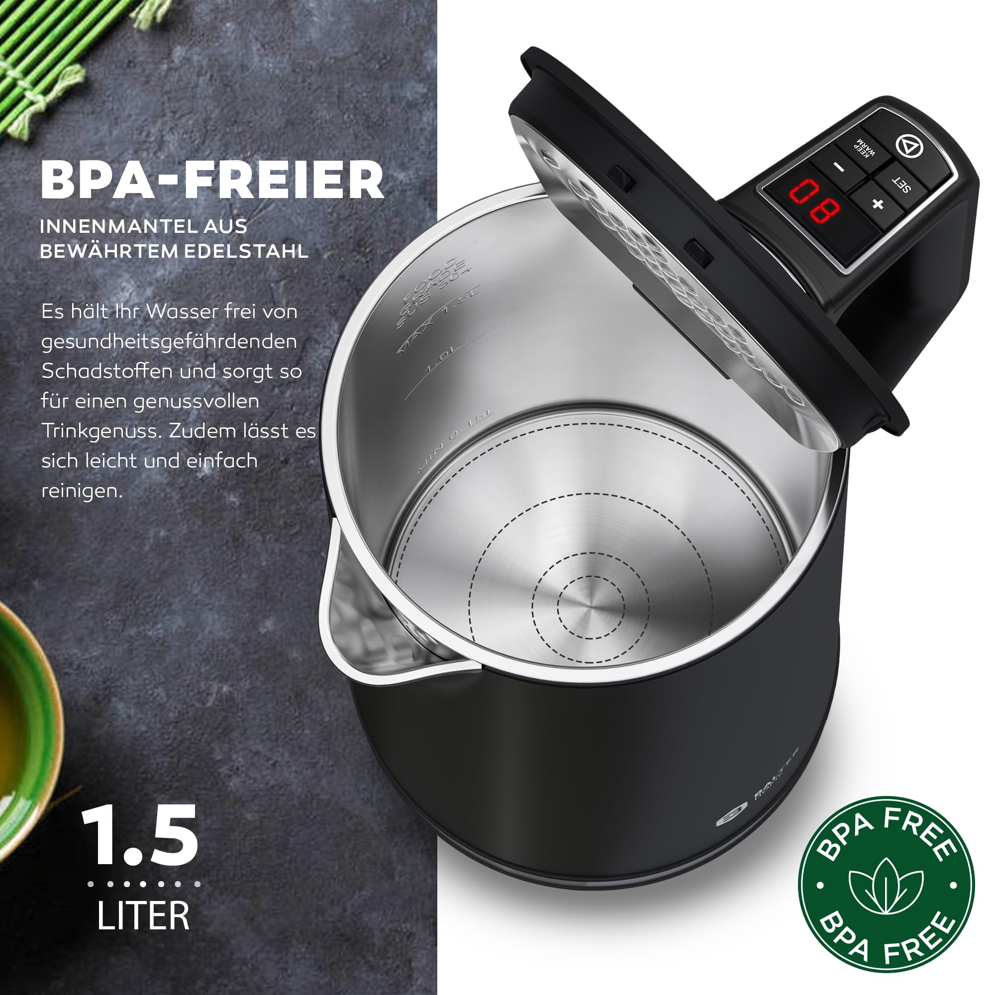 BALTER Edelstahl Wasserkocher mit Temperatureinstellung, 40°C-100°C, Doppelwand, BPA frei, leise & kabellos, Kettle, Teekocher mit Temperaturwahl, 1.5L, 2200W, Schwarz