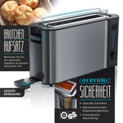 Arendo - Wasserkocher mit Toaster SET Edelstahl Cool Grey, Wasserkocher 1,5L 40°-100°C Warmhaltefunktion Toaster 2 Scheiben LED-Display 6 Bräunungsgrade Brötchaufsatz