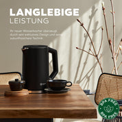 BALTER Edelstahl Wasserkocher mit Temperatureinstellung, 40°C-100°C, Doppelwand, BPA frei, leise & kabellos, Kettle, Teekocher mit Temperaturwahl, 1.5L, 2200W, Schwarz