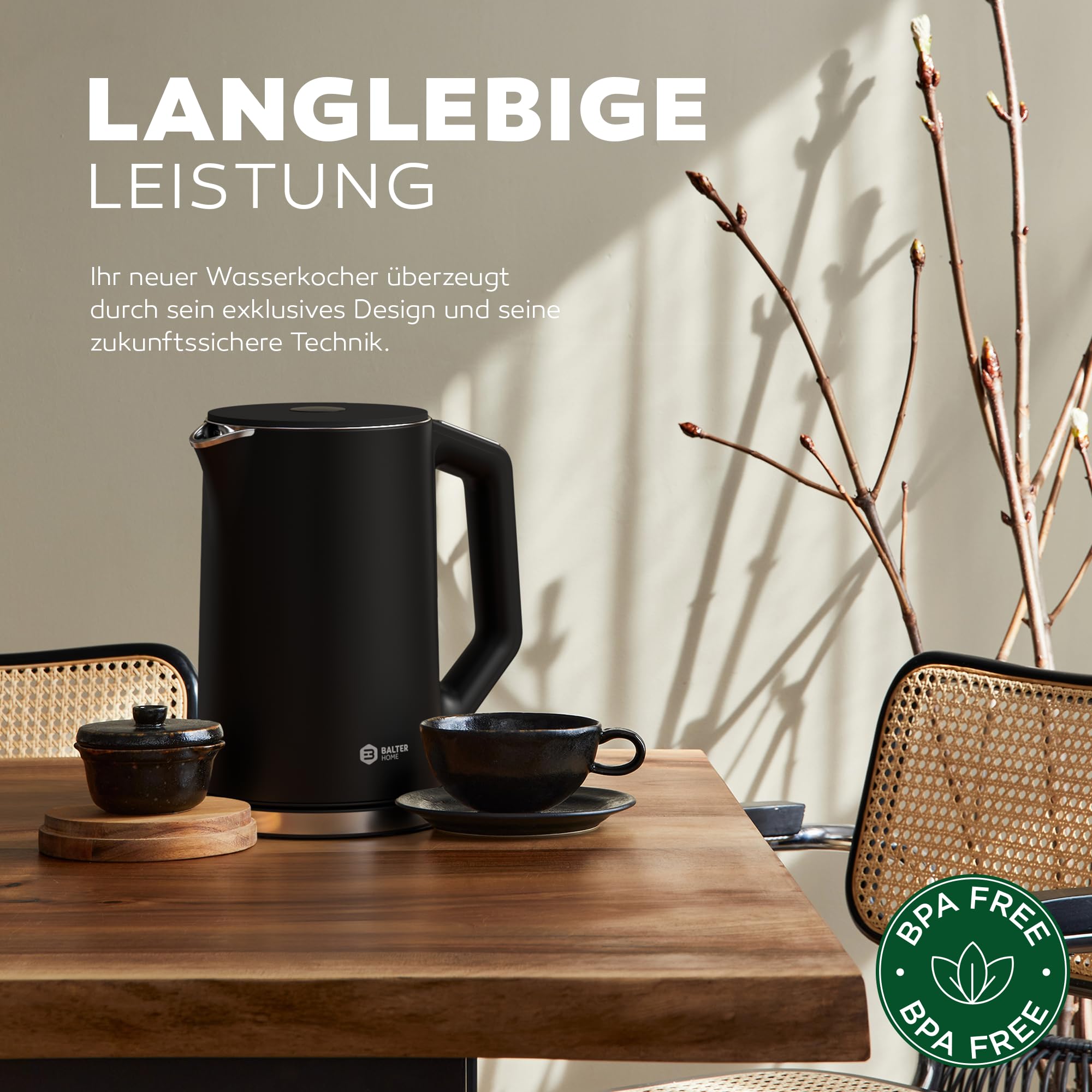 BALTER Edelstahl Wasserkocher mit Temperatureinstellung, 40°C-100°C, Doppelwand, BPA frei, leise & kabellos, Kettle, Teekocher mit Temperaturwahl, 1.5L, 2200W, Schwarz