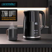 Arendo - digitaler Wasserkocher mit Temperatureinstellung - Edelstahl - Doppelwand Design Cool Touch - Display im Gehäuse - Kabellos - 2200 W - 1,7L – Überhitzungsschutz – Warmhaltefunktion – schwarz