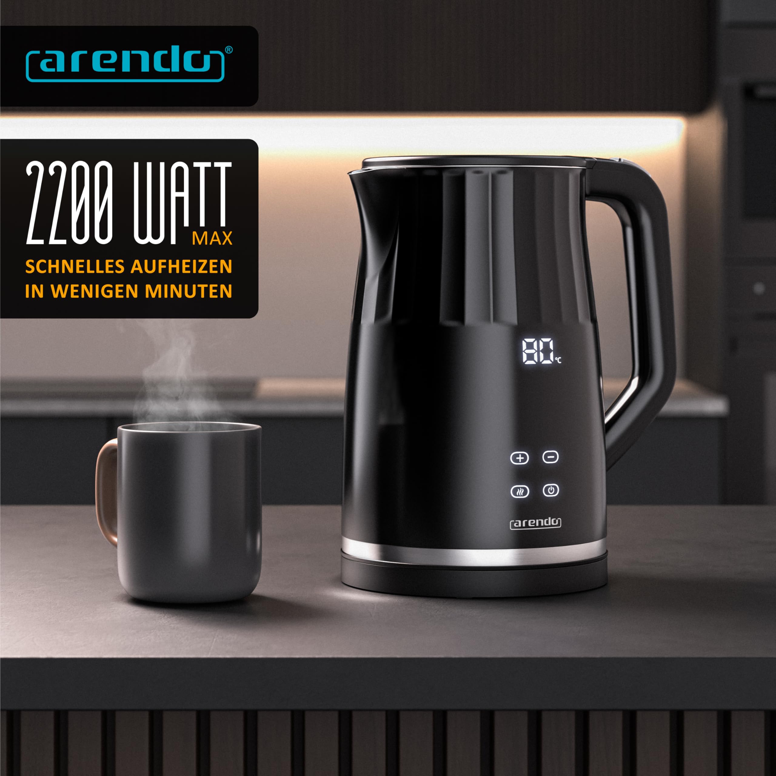 Arendo - digitaler Wasserkocher mit Temperatureinstellung - Edelstahl - Doppelwand Design Cool Touch - Display im Gehäuse - Kabellos - 2200 W - 1,7L – Überhitzungsschutz – Warmhaltefunktion – schwarz
