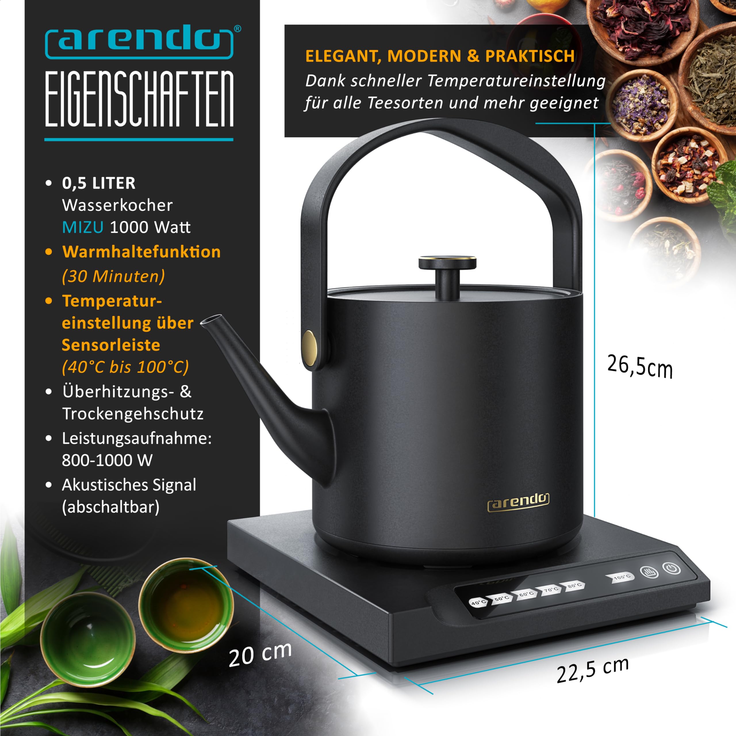 Arendo - Edelstahl Wasserkocher mit Temperatureinstellung - 40° bis 100° - Warmhaltefunktion 30 Minuten – 0,5 Liter – Sensortasten – 360° Basis – Retro Design - Schwarz
