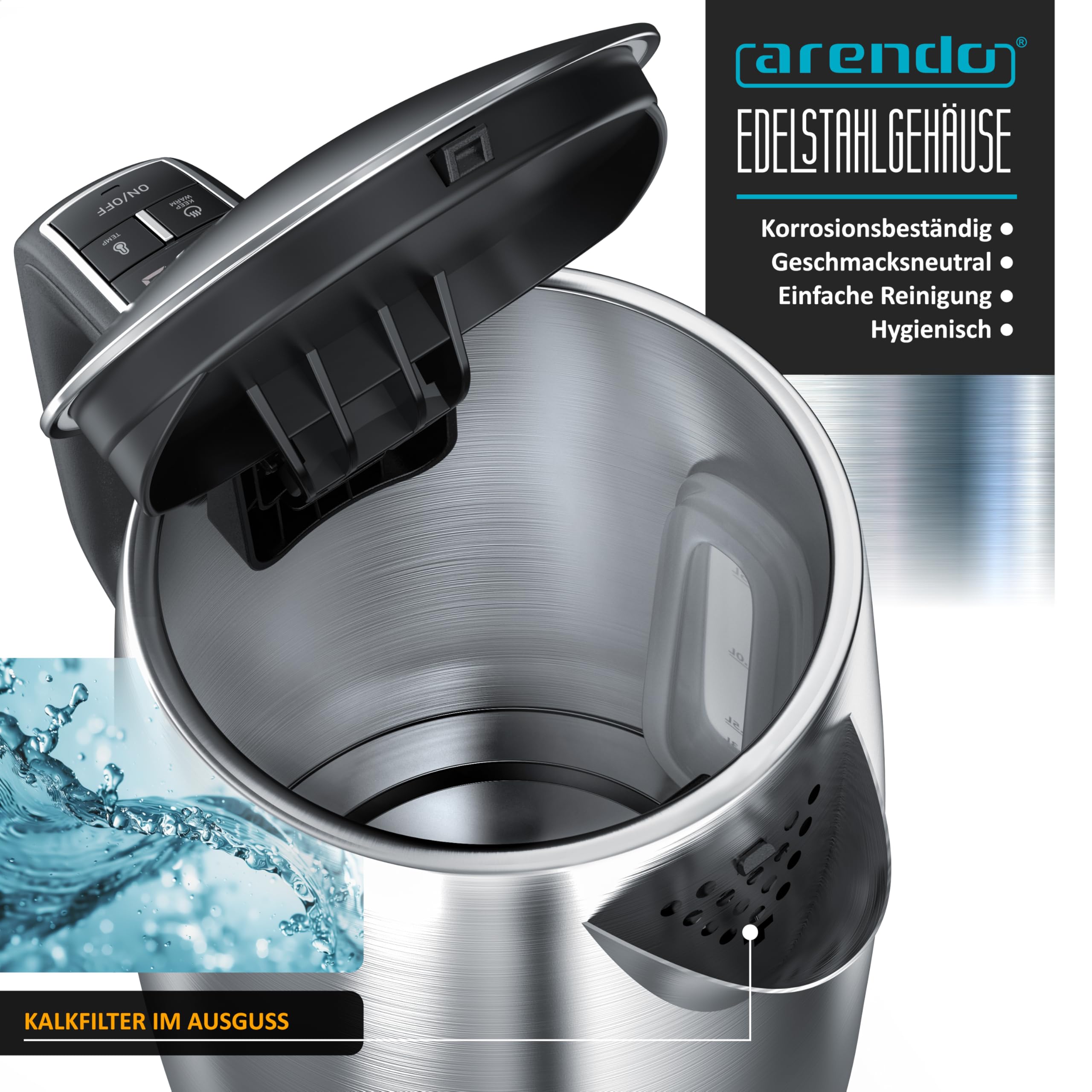 Arendo - Edelstahl Wasserkocher mit Temperatureinstellung - Temperaturauswahl 35°C bis 100°C – LED Display – Warmhaltefunktion Babymilch 40 Grad – One-Touch Deckelöffnung – Sichtfenster