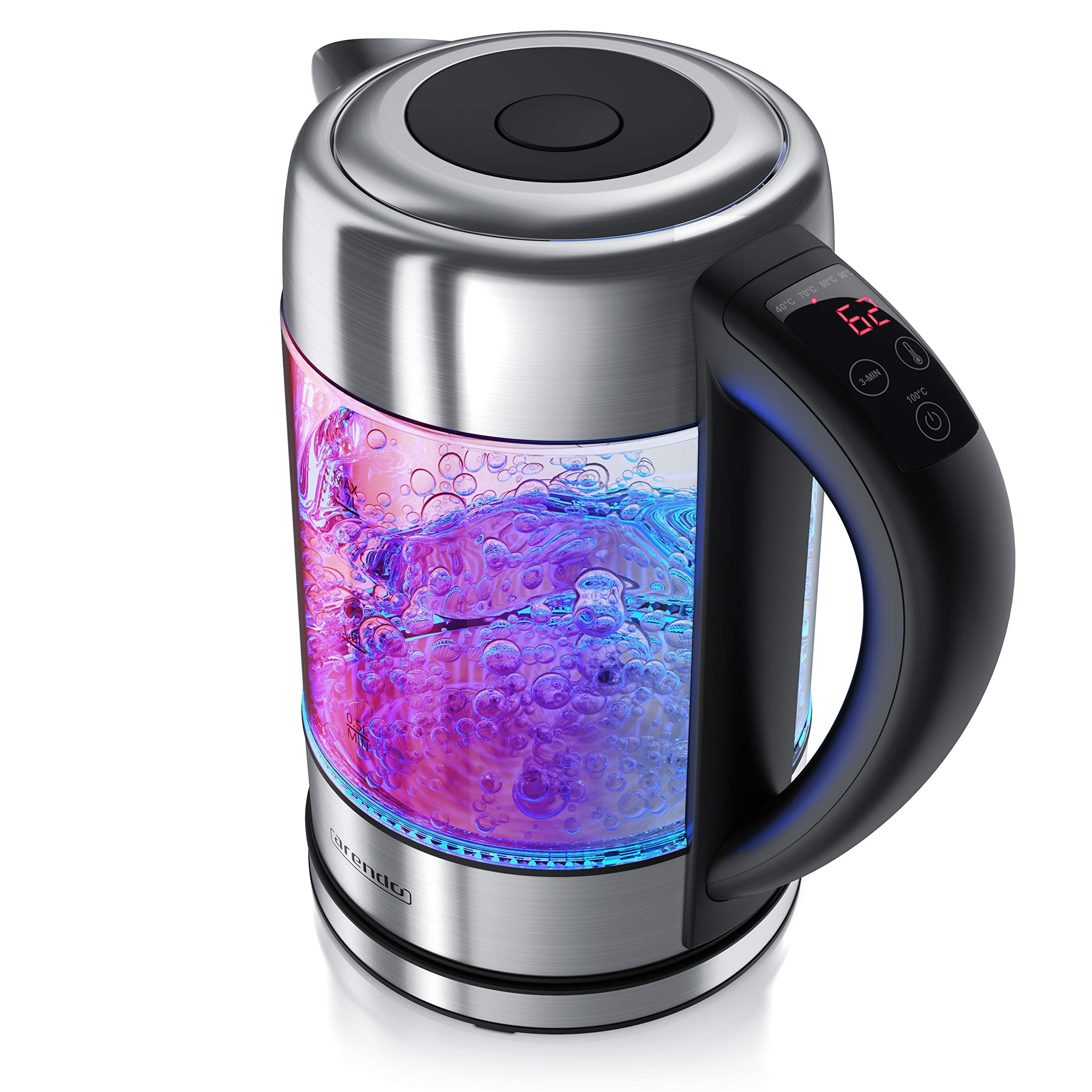 Arendo - Wasserkocher Glas mit Temperatureinstellung – 1,7l - einstellbare Temperaturen 40° - 100 °C – Temperaturanzeige Digital - Warmhaltefunktion – energiesparend – BPA-frei - RGB Beleuchtung