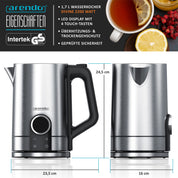 Arendo - Wasserkocher mit Temperatureinstellung - Edelstahl - Temperaturauswahl 40-100 Grad - LED Display - 1,7 Liter - 2200 W - Teekocher mit Temperaturanzeige - GS