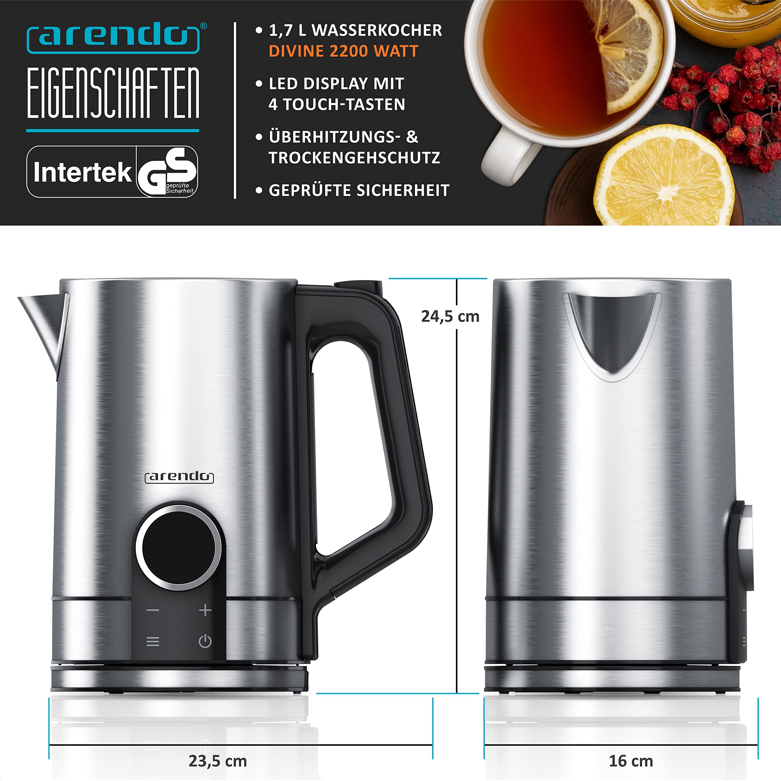 Arendo - Wasserkocher mit Temperatureinstellung - Edelstahl - Temperaturauswahl 40-100 Grad - LED Display - 1,7 Liter - 2200 W - Teekocher mit Temperaturanzeige - GS