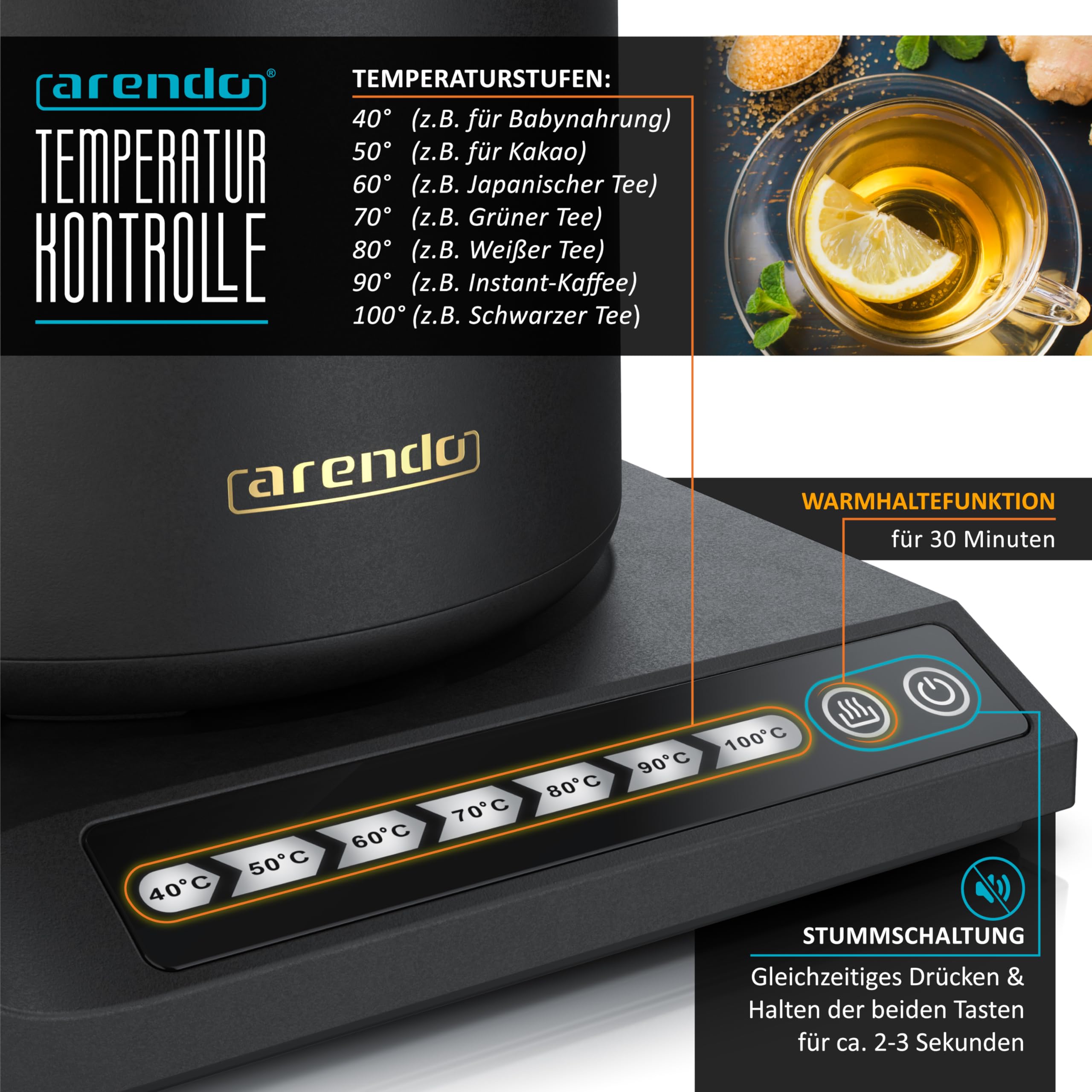 Arendo - Edelstahl Wasserkocher mit Temperatureinstellung - 40° bis 100° - Warmhaltefunktion 30 Minuten – 0,5 Liter – Sensortasten – 360° Basis – Retro Design - Schwarz