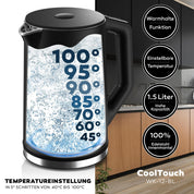 BALTER Edelstahl Wasserkocher mit Temperatureinstellung, 40°C-100°C, Doppelwand, BPA frei, leise & kabellos, Kettle, Teekocher mit Temperaturwahl, 1.5L, 2200W, Schwarz