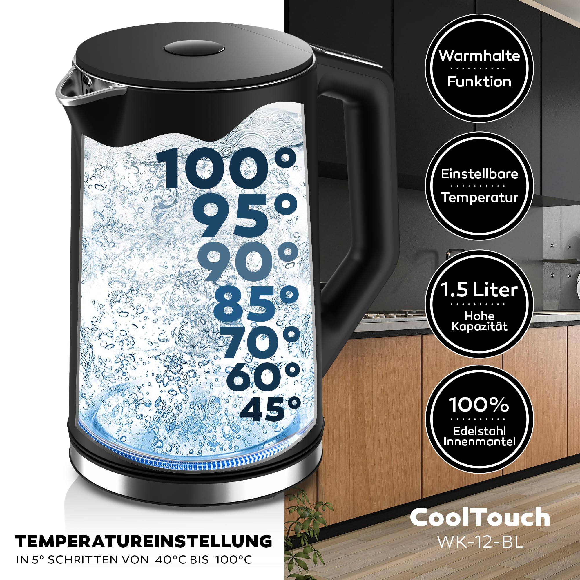 BALTER Edelstahl Wasserkocher mit Temperatureinstellung, 40°C-100°C, Doppelwand, BPA frei, leise & kabellos, Kettle, Teekocher mit Temperaturwahl, 1.5L, 2200W, Schwarz