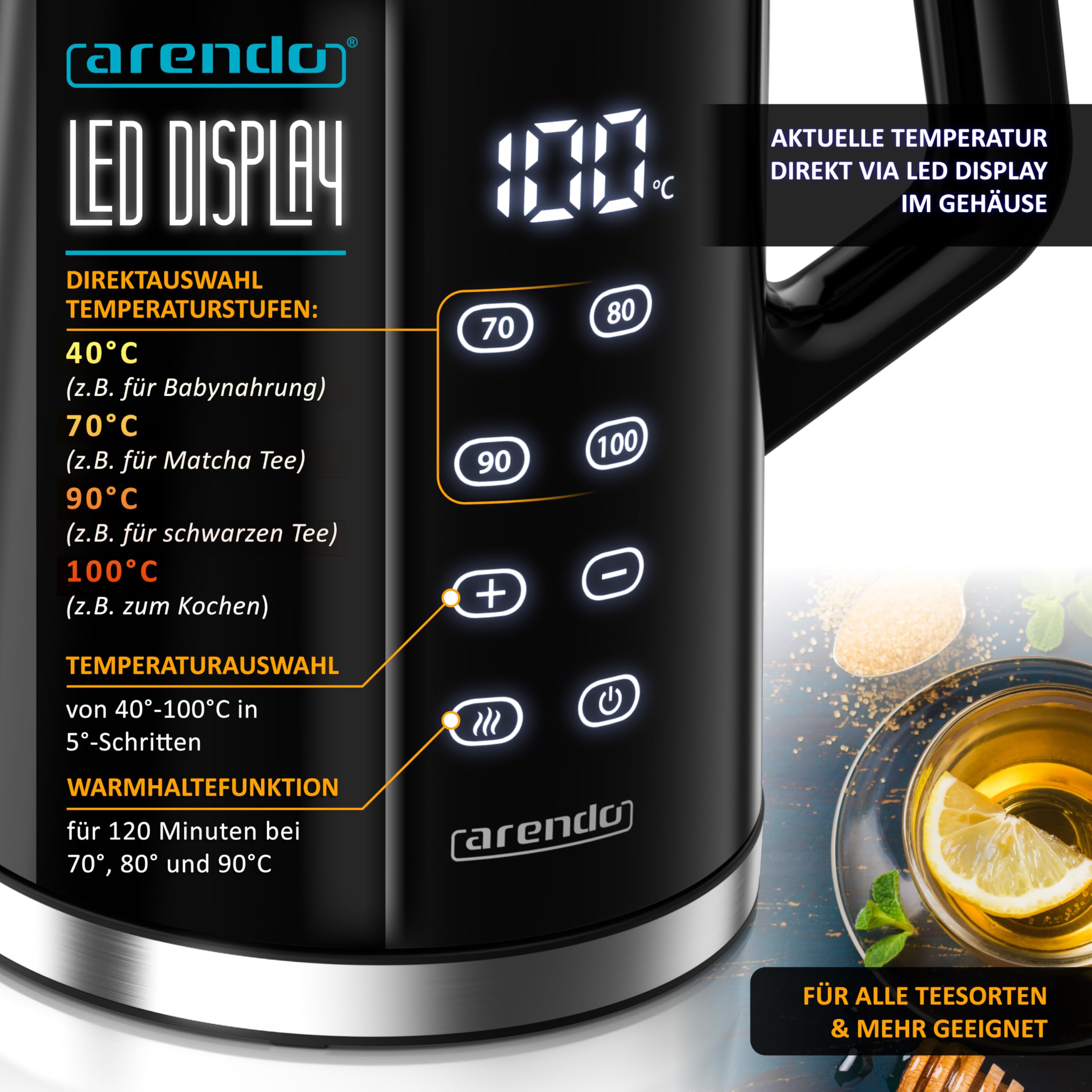 Arendo - digitaler Wasserkocher mit Temperatureinstellung - Edelstahl - Doppelwand Design Cool Touch - Display im Gehäuse - Kabellos - 2200 W - 1,7L – Überhitzungsschutz – Warmhaltefunktion – schwarz