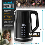 Arendo - digitaler Wasserkocher mit Temperatureinstellung - Edelstahl - Doppelwand Design Cool Touch - Display im Gehäuse - Kabellos - 2200 W - 1,7L – Überhitzungsschutz – Warmhaltefunktion – schwarz