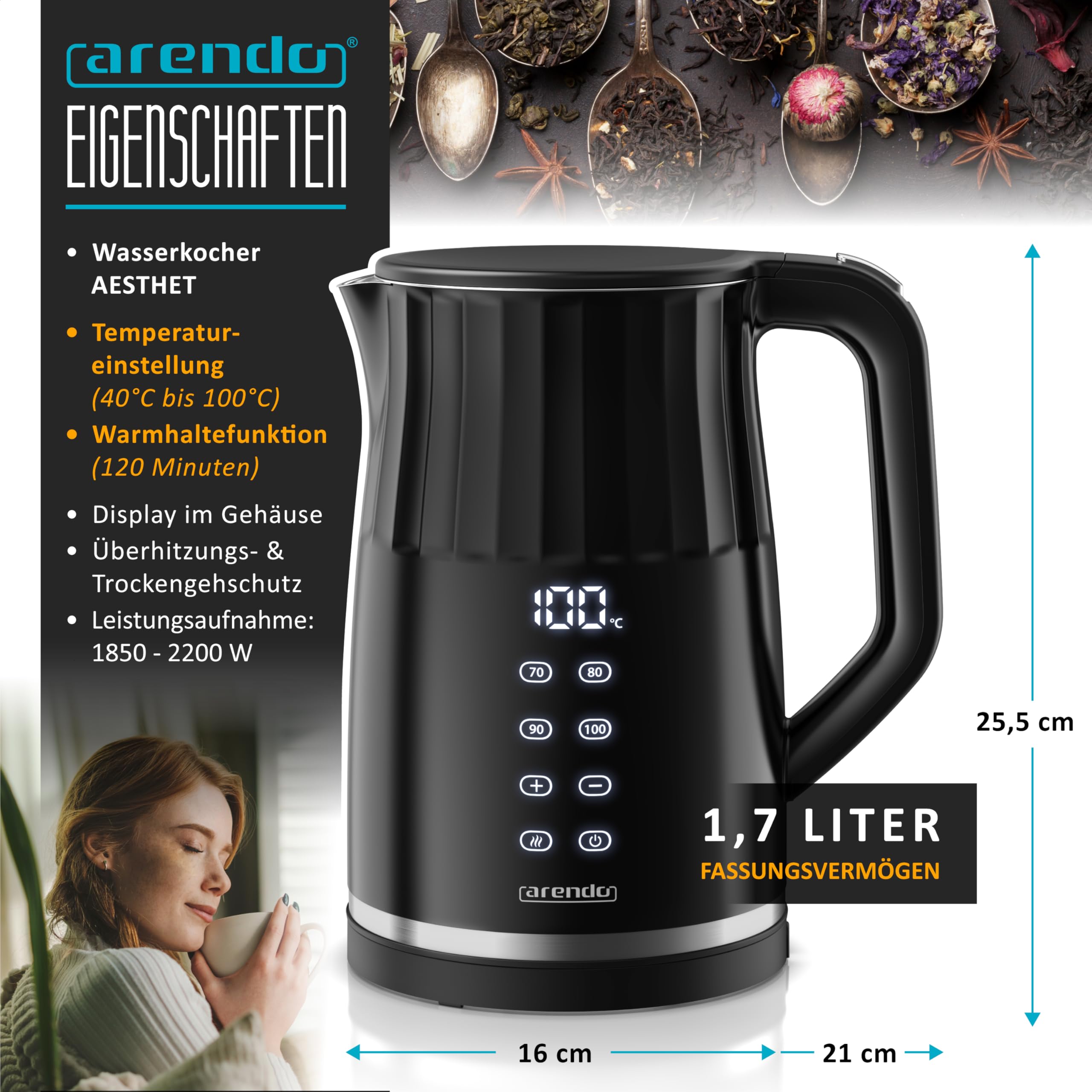 Arendo - digitaler Wasserkocher mit Temperatureinstellung - Edelstahl - Doppelwand Design Cool Touch - Display im Gehäuse - Kabellos - 2200 W - 1,7L – Überhitzungsschutz – Warmhaltefunktion – schwarz