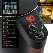 Arendo - Wasserkocher Edelstahl mit Temperatureinstellung - 45°C-100°C - 1.5 Liter - Doppelwand - BPA frei - Warmhaltefunktion - Teekocher mit Temperaturanzeige - Griff Cool Touch - Schwarz