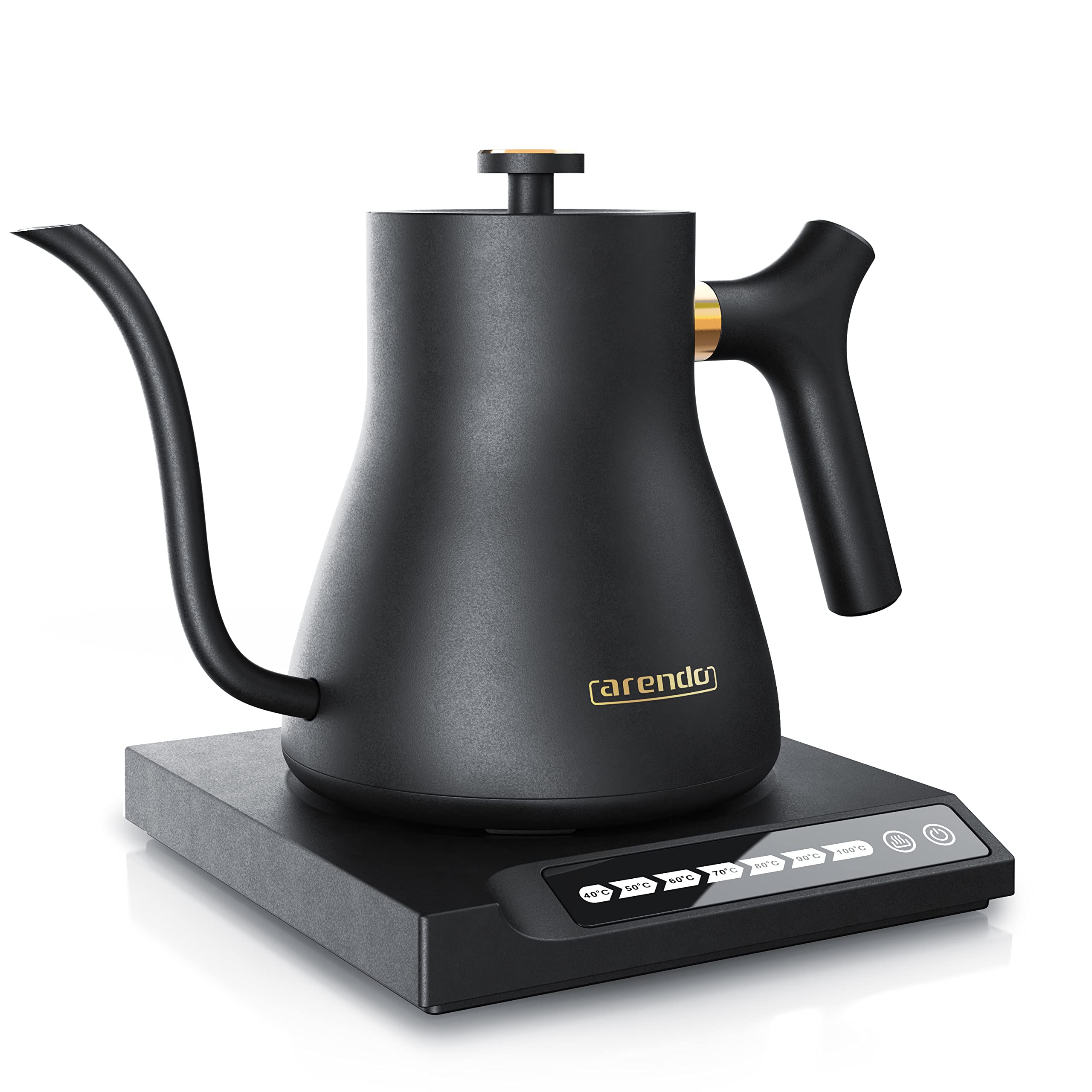 Arendo - Edelstahl Wasserkocher Schwanenhals mit Temperatureinstellung - 40° bis 100° - Warmhaltefunktion 30 Minuten – 0,5 Liter – Sensortasten – 360° Basis - Retro Design - Schwarz
