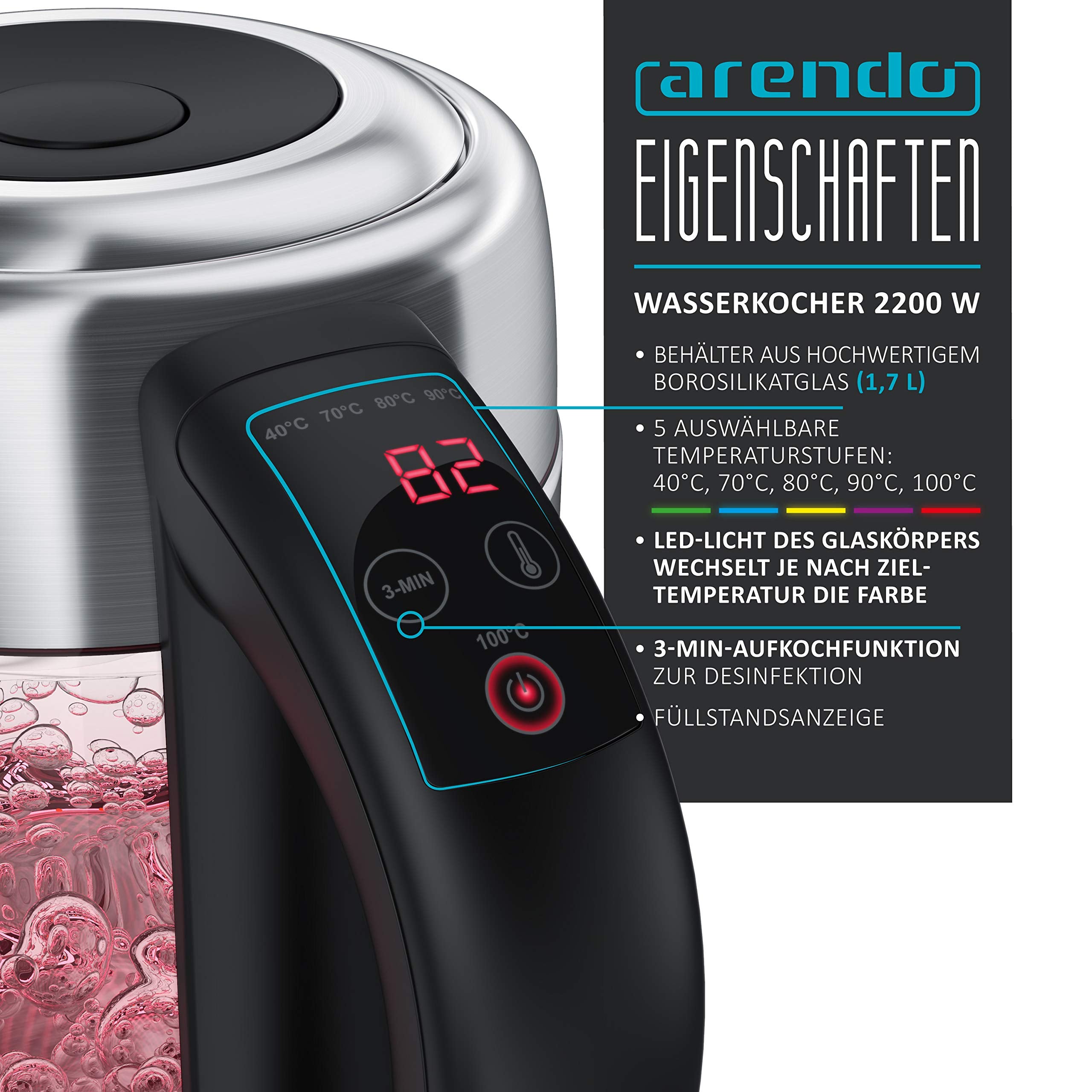 Arendo - Wasserkocher Glas mit Temperatureinstellung – 1,7l - einstellbare Temperaturen 40° - 100 °C – Temperaturanzeige Digital - Warmhaltefunktion – energiesparend – BPA-frei - RGB Beleuchtung