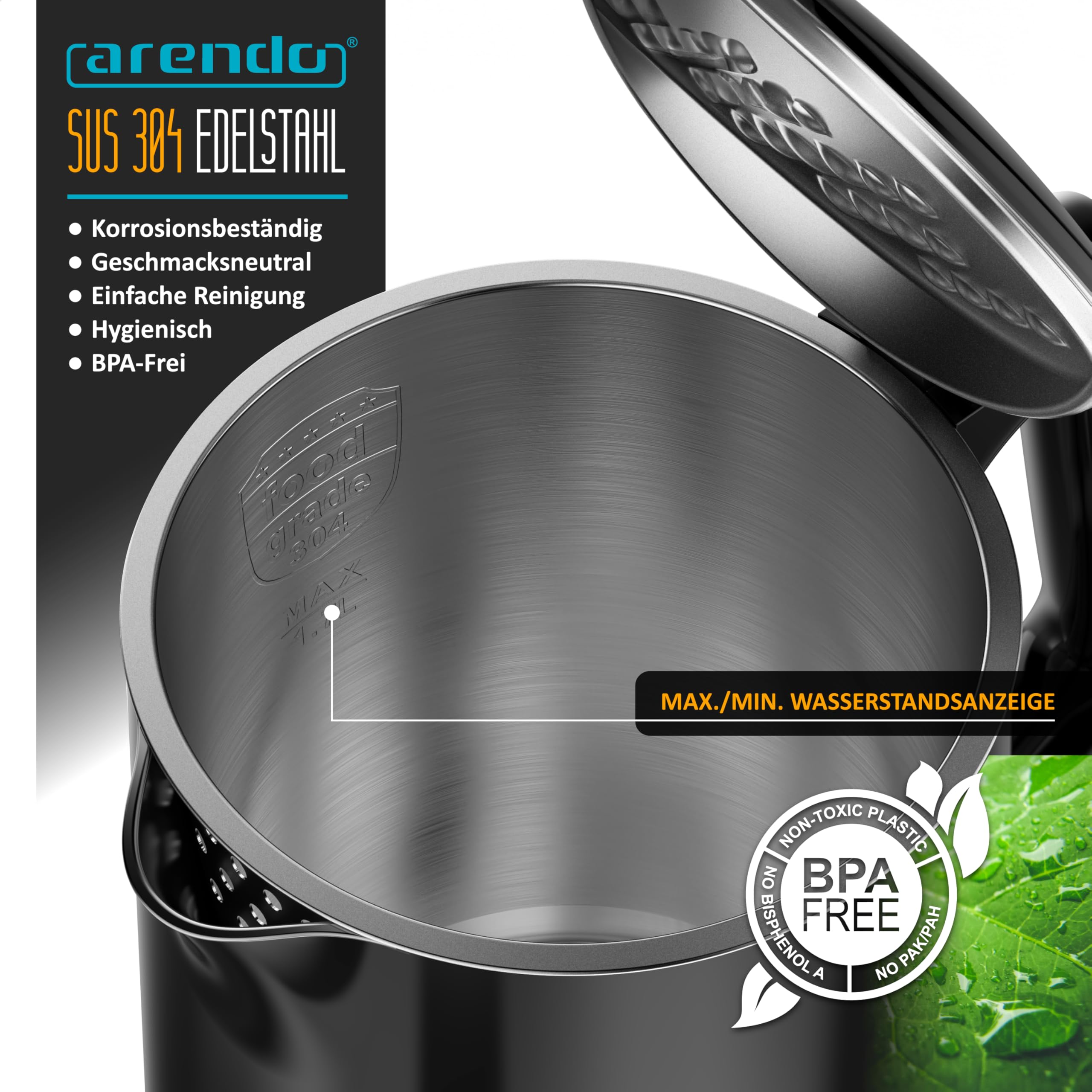 Arendo - digitaler Wasserkocher mit Temperatureinstellung - Edelstahl - Doppelwand Design Cool Touch - Display im Gehäuse - Kabellos - 2200 W - 1,7L – Überhitzungsschutz – Warmhaltefunktion – schwarz