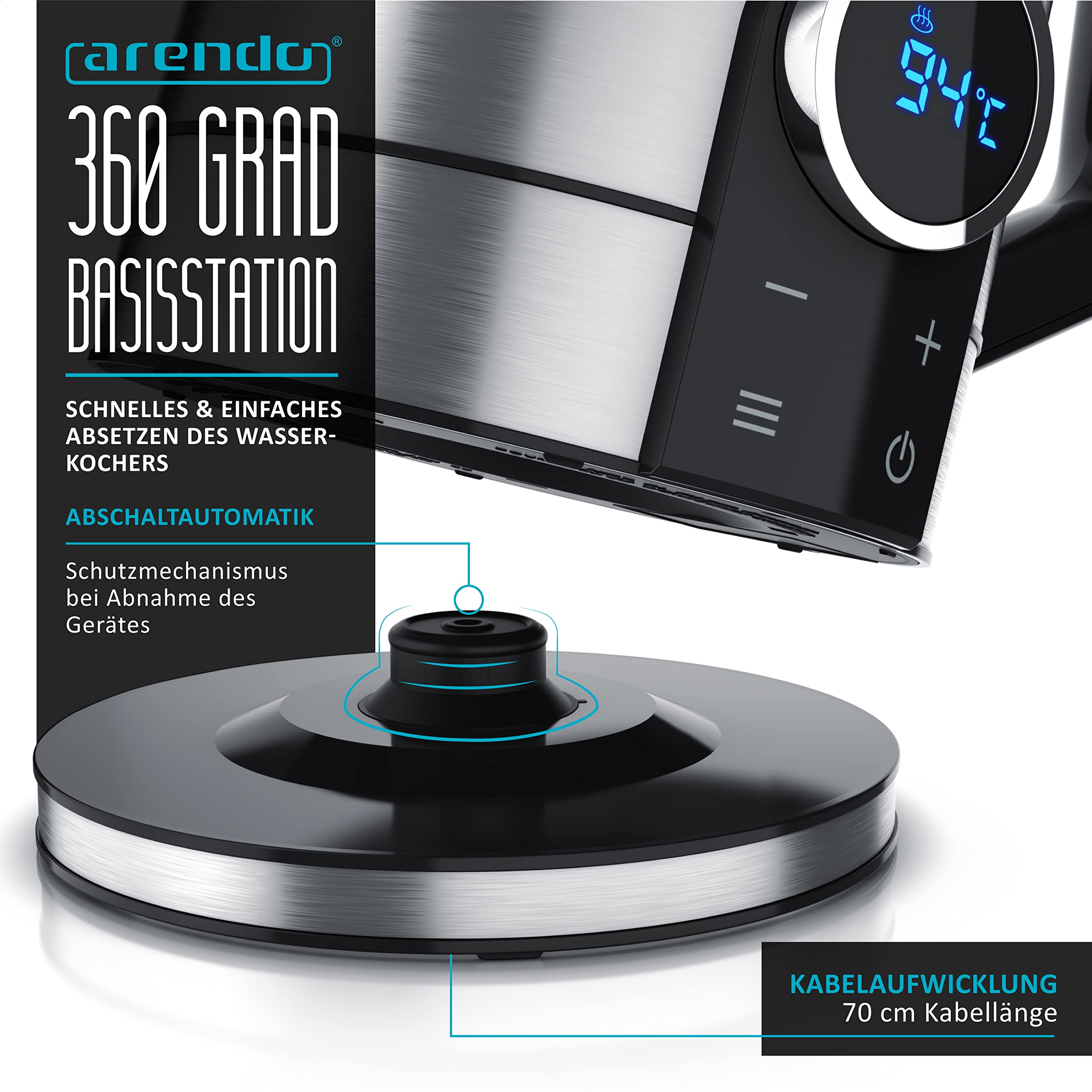 Arendo - Edelstahl Wasserkocher mit Temperatureinstellung 40-100 Grad - LED Display - 1,5 Liter - 2200 W - Teekocher mit Temperaturanzeige - GS