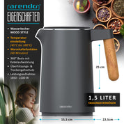 Arendo - Wasserkocher Edelstahl mit Temperatureinstellung - 45°C-100°C - 1.5 Liter - Doppelwand - BPA frei - Warmhaltefunktion - Teekocher mit Temperaturanzeige - Griff Cool Touch - Schwarz Cool Grey