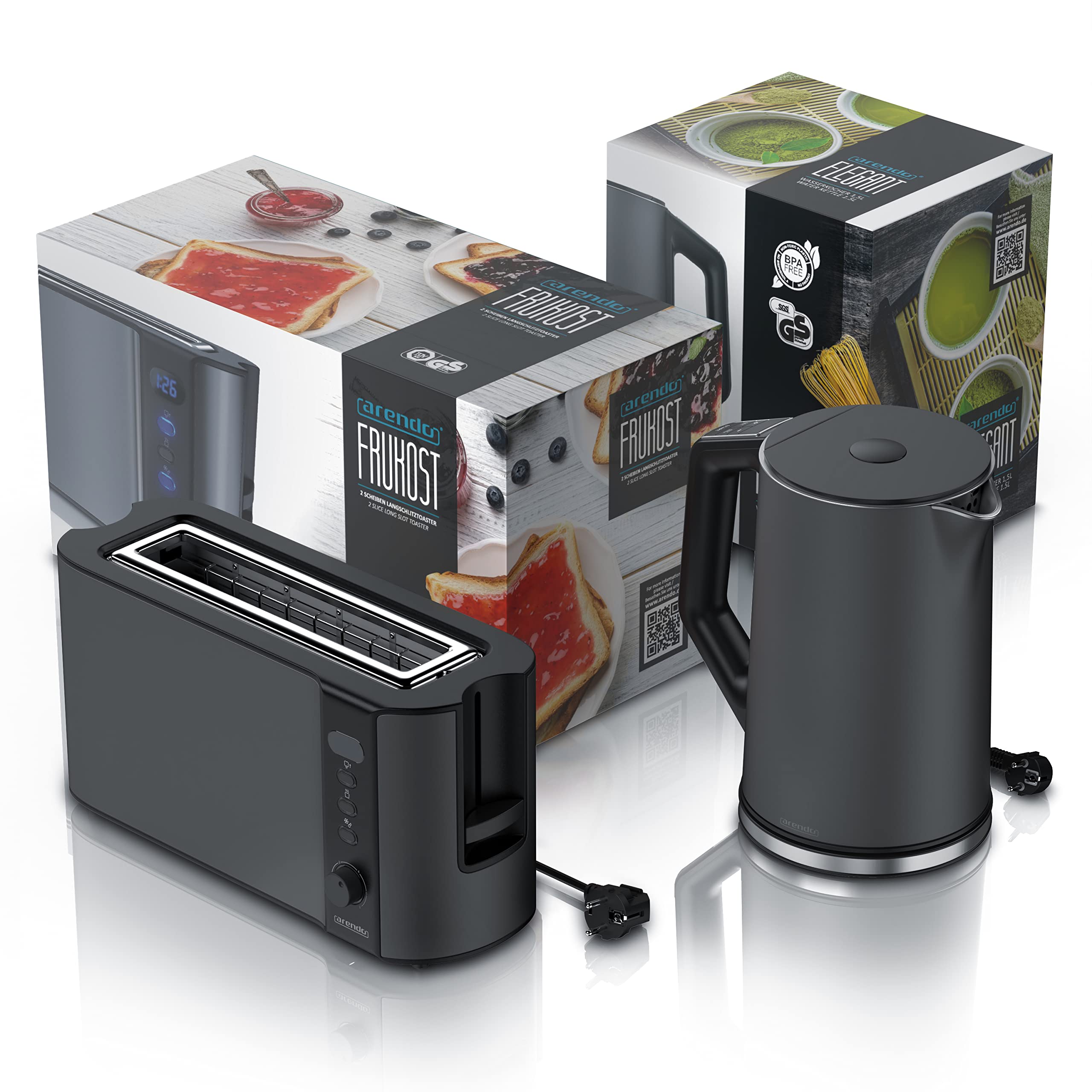 Arendo - Wasserkocher mit Toaster SET Edelstahl Cool Grey, Wasserkocher 1,5L 40°-100°C Warmhaltefunktion Toaster 2 Scheiben LED-Display 6 Bräunungsgrade Brötchaufsatz