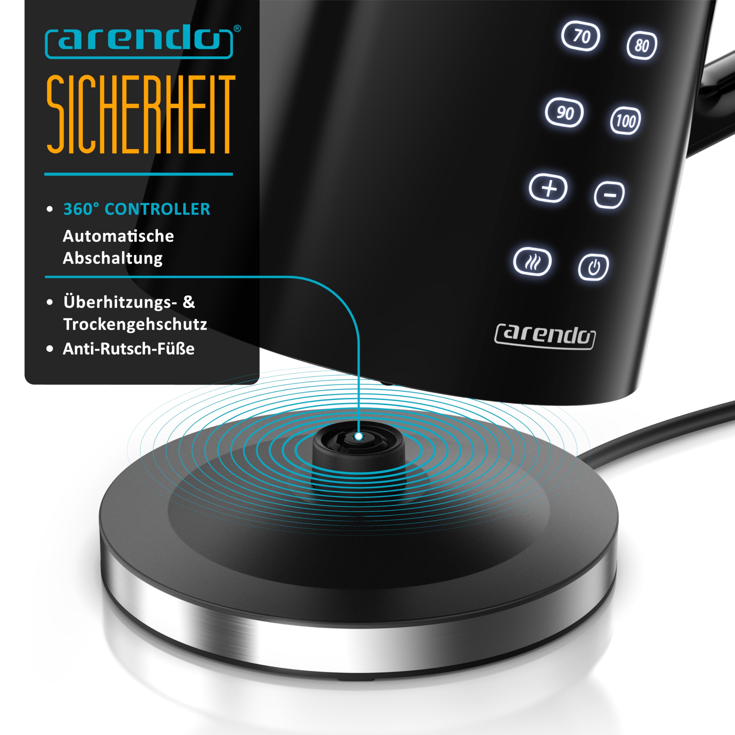 Arendo - digitaler Wasserkocher mit Temperatureinstellung - Edelstahl - Doppelwand Design Cool Touch - Display im Gehäuse - Kabellos - 2200 W - 1,7L – Überhitzungsschutz – Warmhaltefunktion – schwarz
